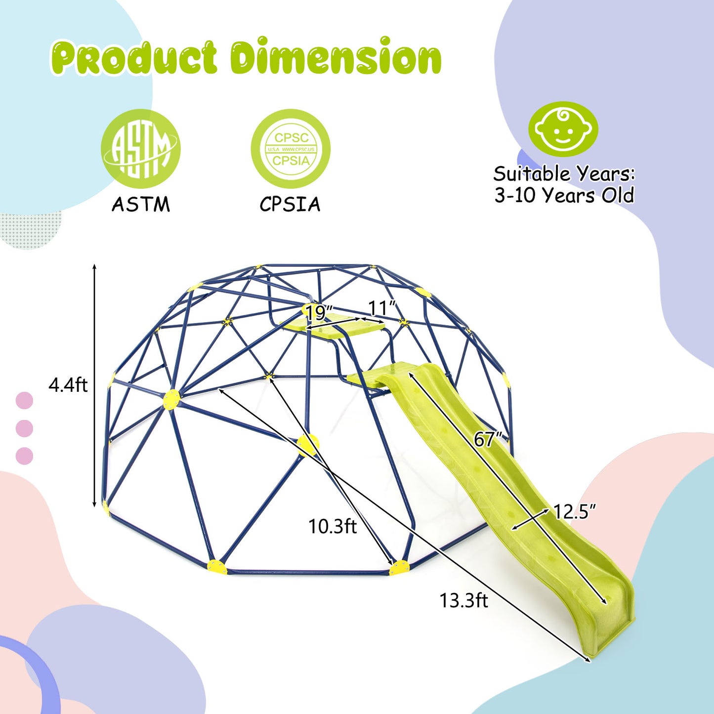 13.3 FT Climbing Dome Geometric Dome Climber with Extended Wavy Slide and 2 Rest Platforms-Multicolor Kids Crystal
