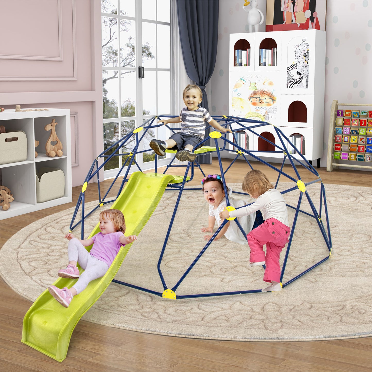 13.3 FT Climbing Dome Geometric Dome Climber with Extended Wavy Slide and 2 Rest Platforms-Multicolor Kids Crystal