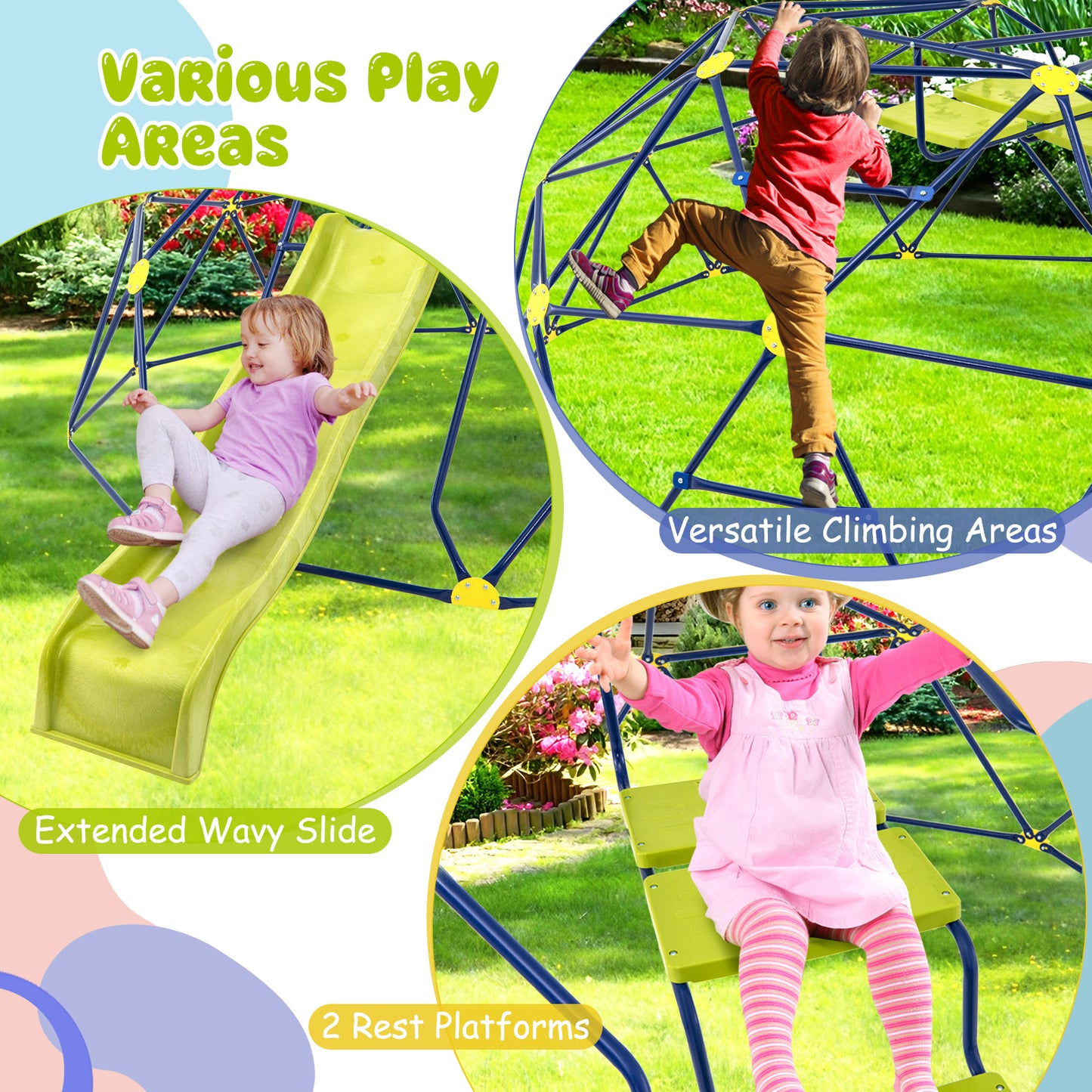 13.3 FT Climbing Dome Geometric Dome Climber with Extended Wavy Slide and 2 Rest Platforms-Multicolor Kids Crystal