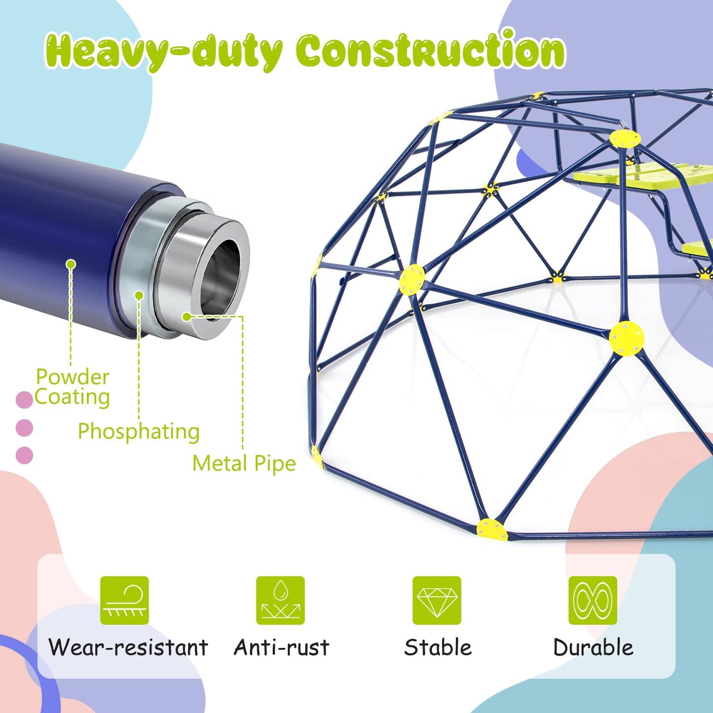 13.3 FT Climbing Dome Geometric Dome Climber with Extended Wavy Slide and 2 Rest Platforms-Multicolor Kids Crystal
