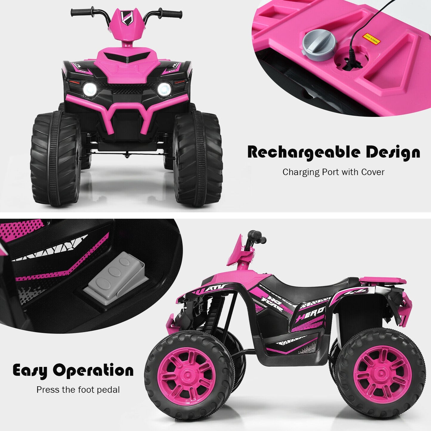 12V Kids Ride on ATV with LED Lights and Treaded Tires and LED lights-Pink Kids Crystal