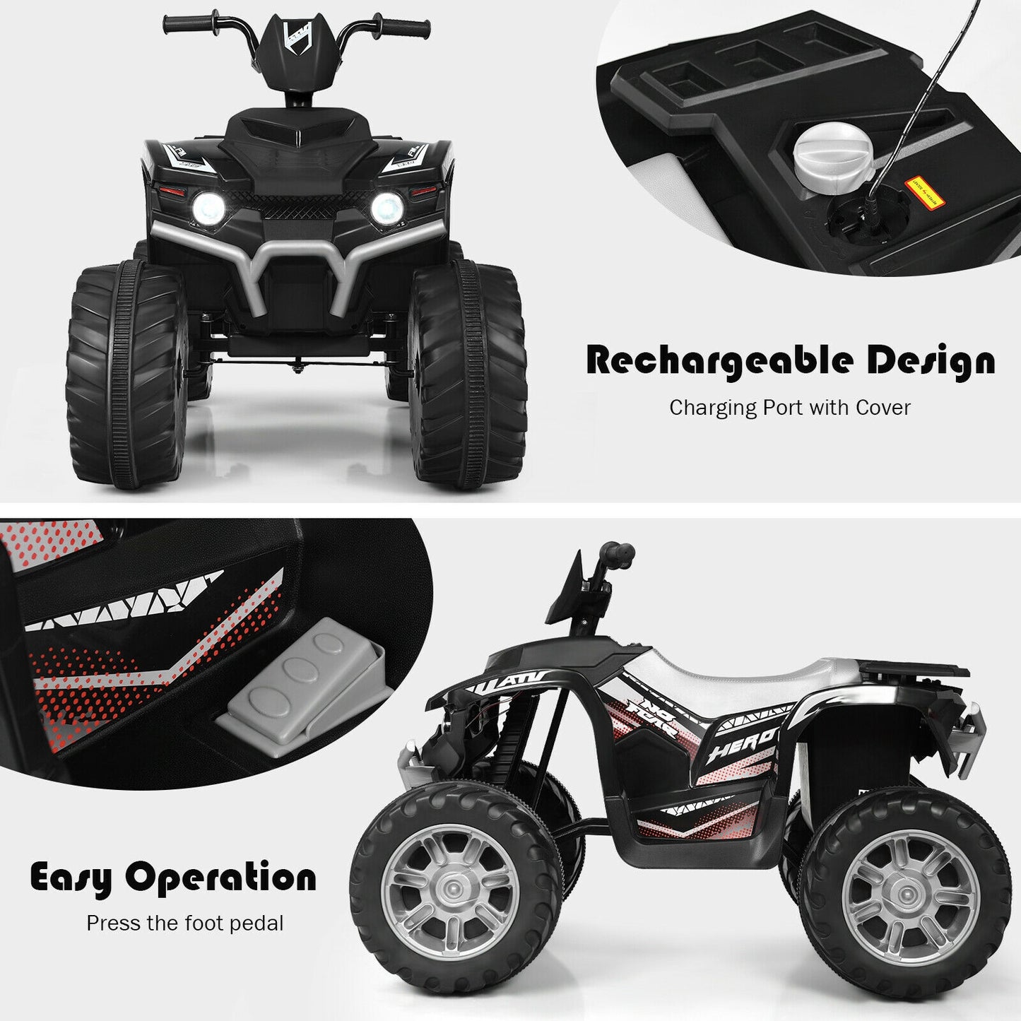 12V Kids Ride on ATV with LED Lights and Treaded Tires and LED lights-Black Kids Crystal