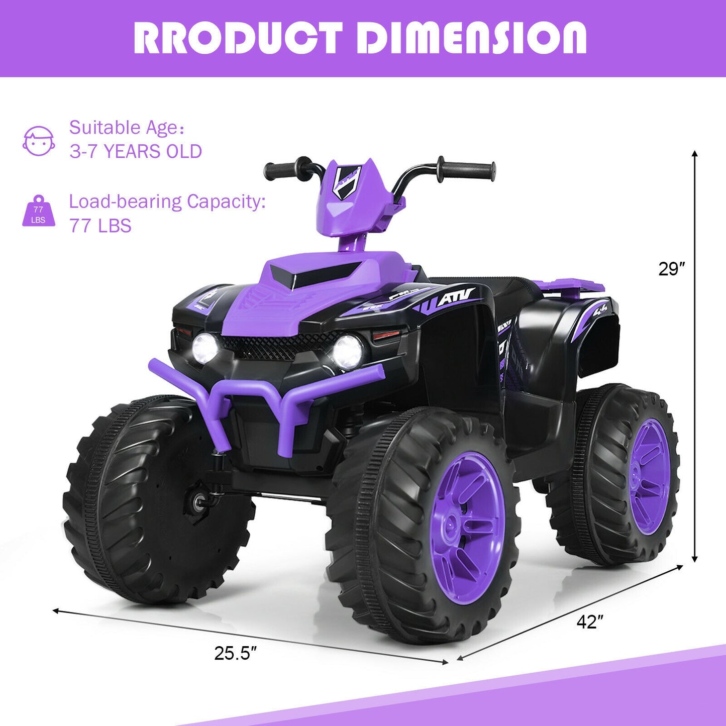 12V Kids Ride on ATV with LED Lights and Treaded Tires and LED lights-Purple
