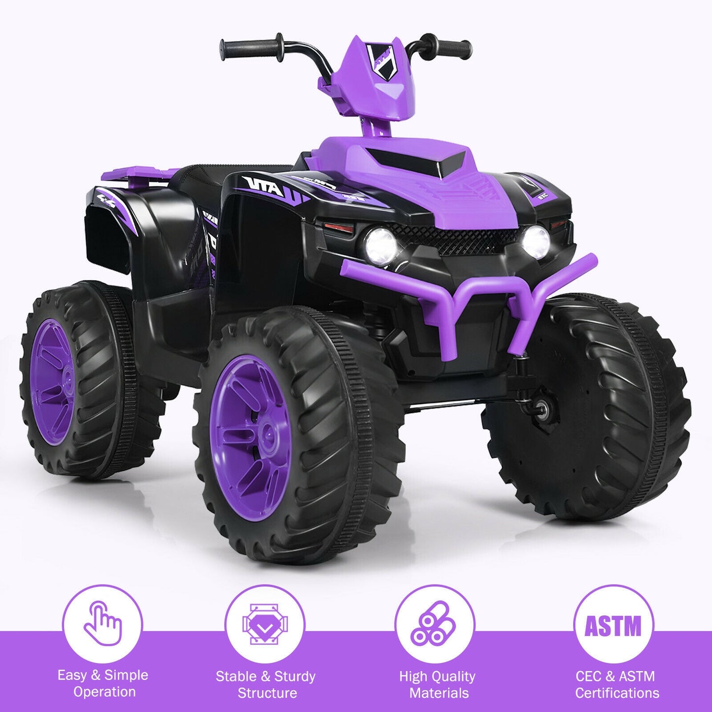 12V Kids Ride on ATV with LED Lights and Treaded Tires and LED lights-Purple