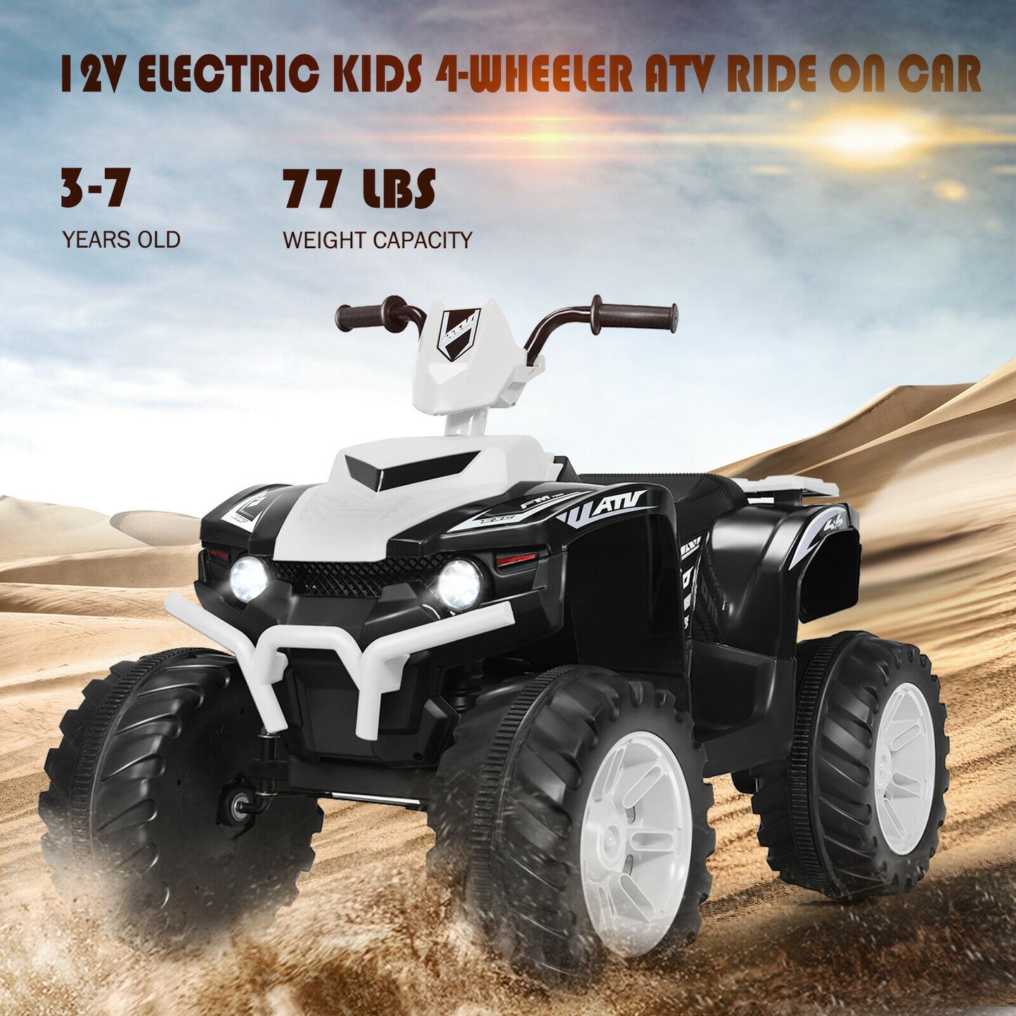 12V Kids Ride on ATV with LED Lights and Treaded Tires and LED lights-White Kids Crystal