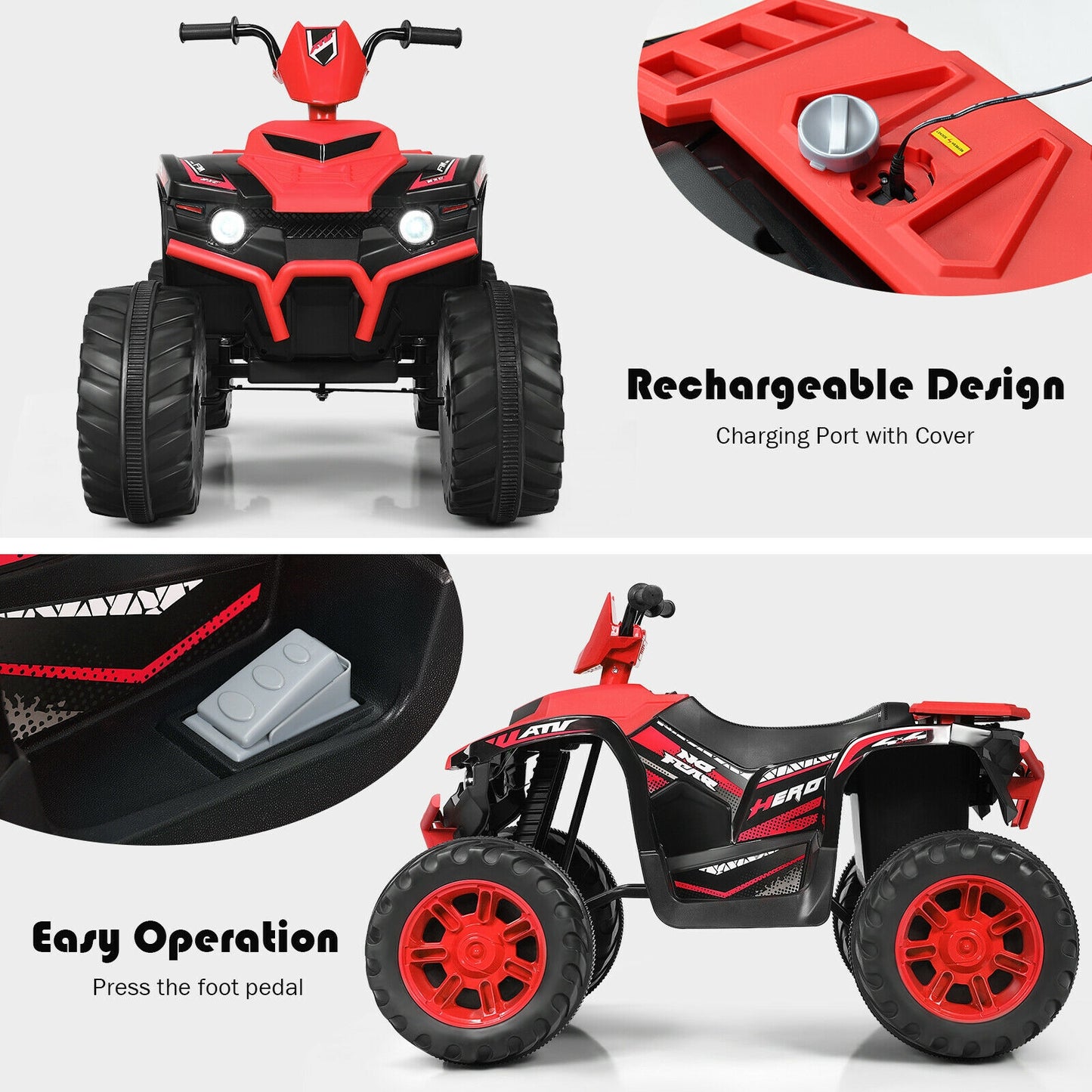12V Kids Ride on ATV with LED Lights and Treaded Tires and LED lights-Red Kids Crystal