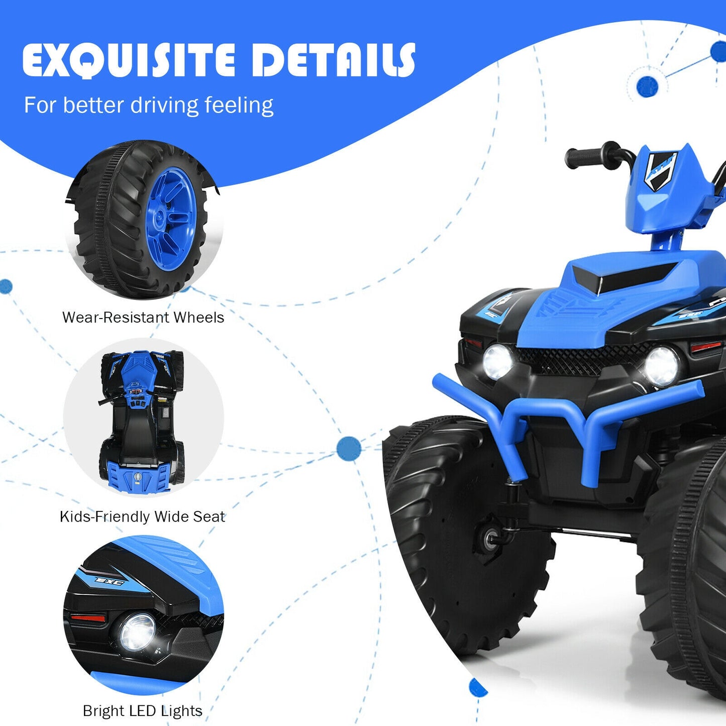 12V Kids Ride on ATV with LED Lights and Treaded Tires and LED lights-Navy Kids Crystal