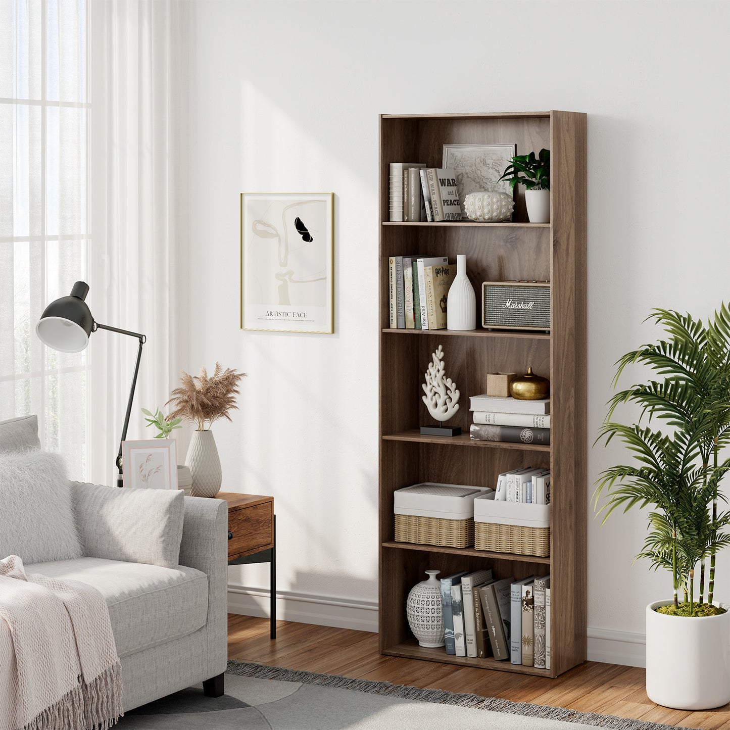 5-Shelf Storage Bookcase Modern Multi-Functional Display Cabinet Furniture-Walnut Kids Crystal