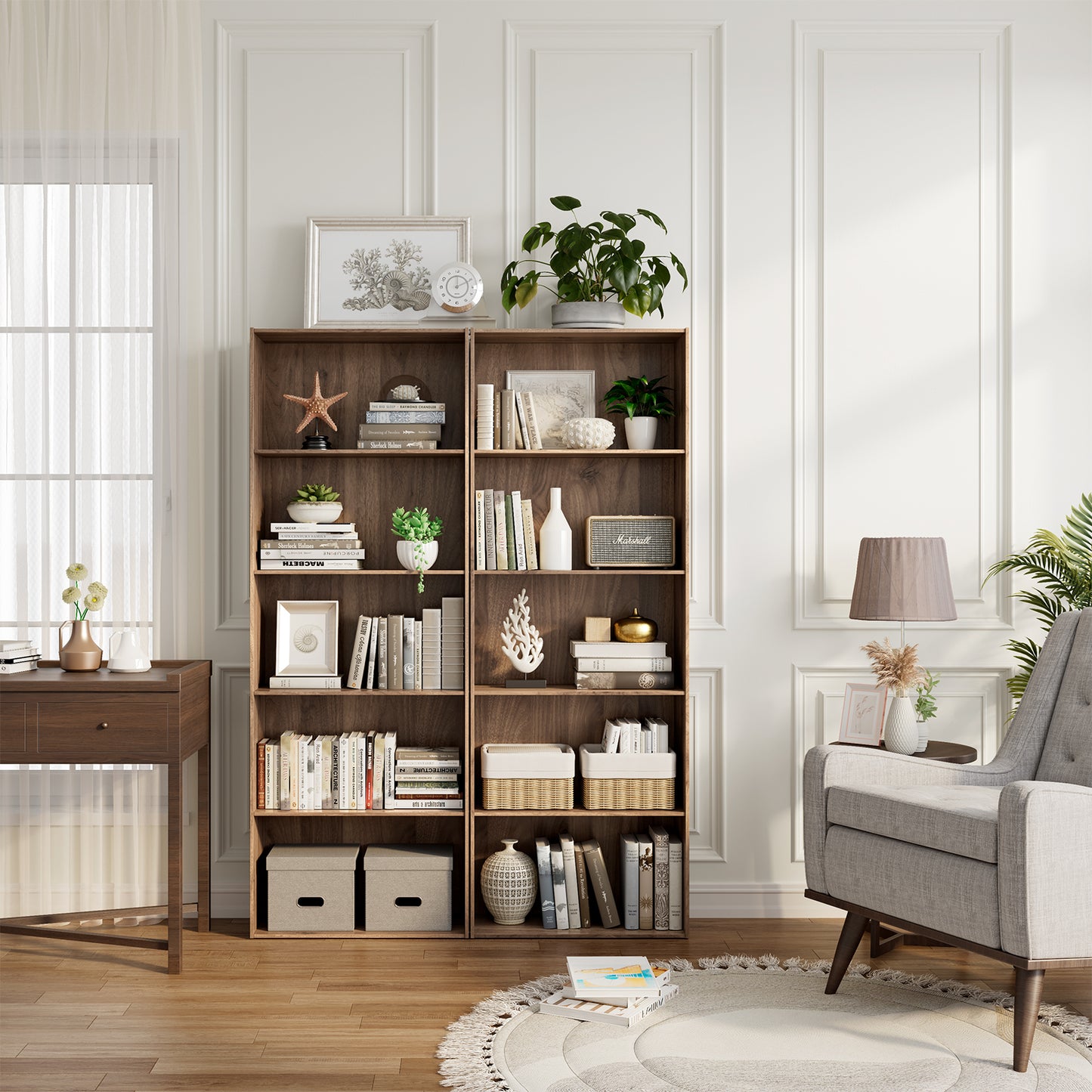 5-Shelf Storage Bookcase Modern Multi-Functional Display Cabinet Furniture-Walnut Kids Crystal