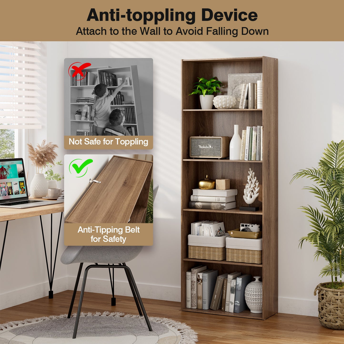 5-Shelf Storage Bookcase Modern Multi-Functional Display Cabinet Furniture-Walnut Kids Crystal