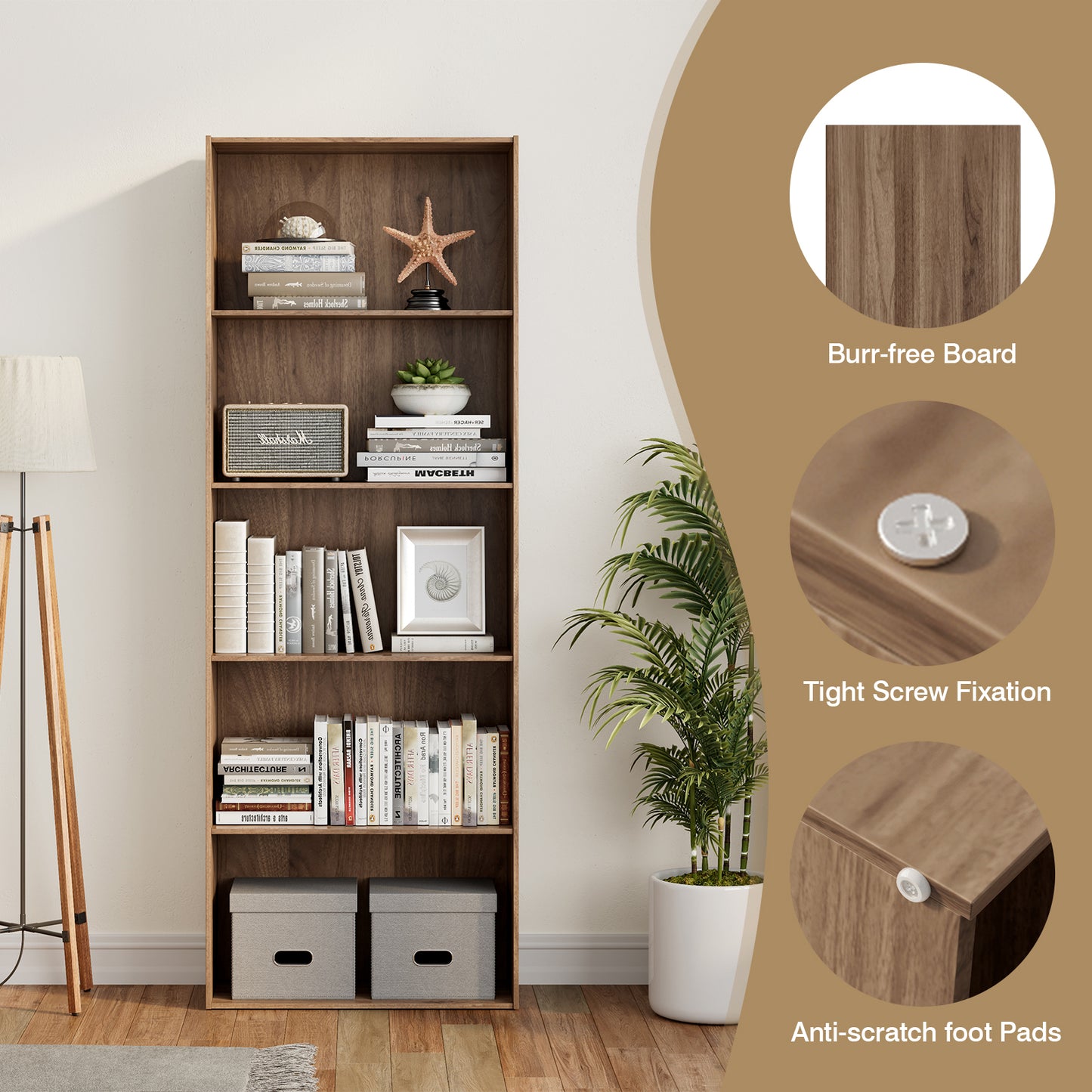 5-Shelf Storage Bookcase Modern Multi-Functional Display Cabinet Furniture-Walnut Kids Crystal