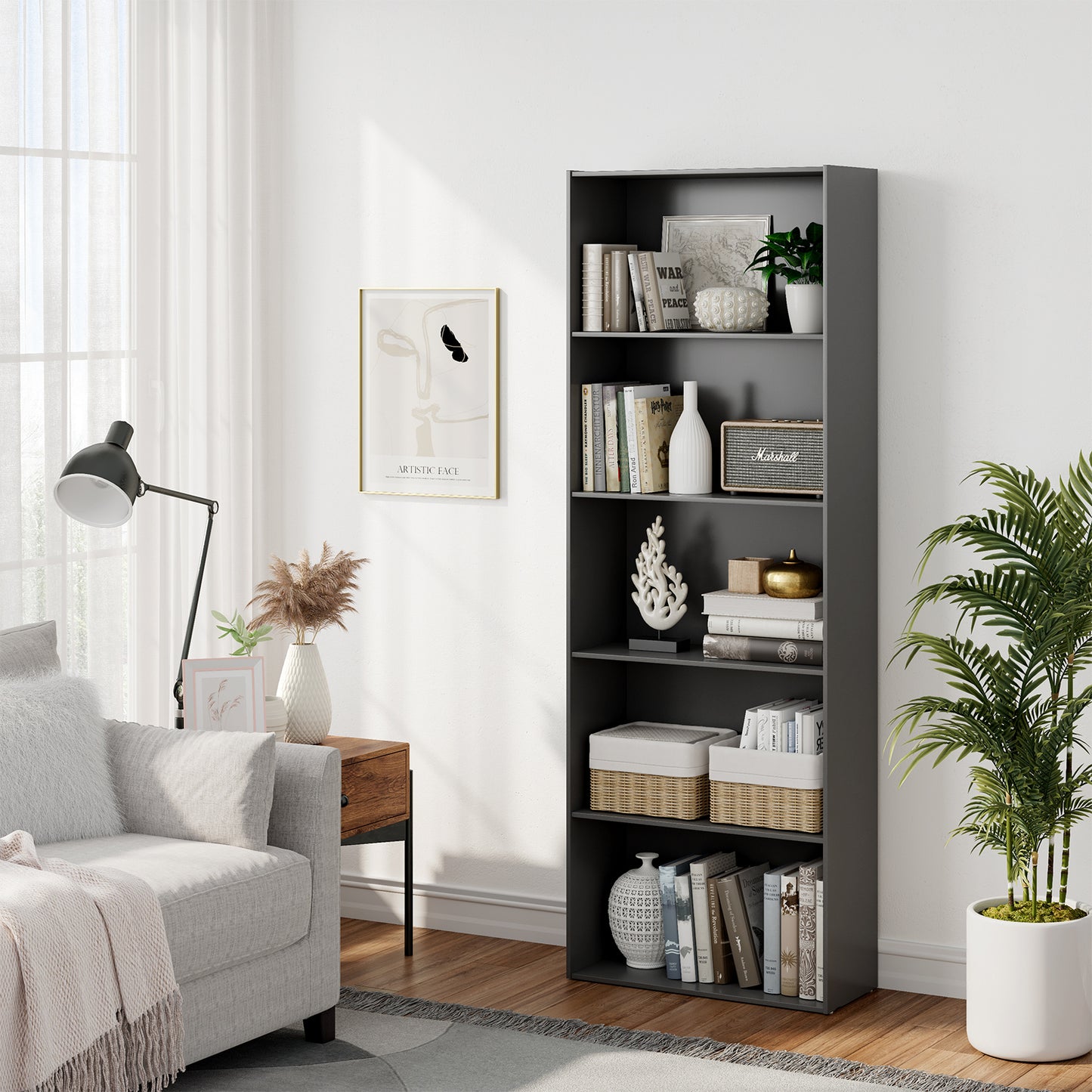 5-Shelf Storage Bookcase Modern Multi-Functional Display Cabinet Furniture-Black Kids Crystal