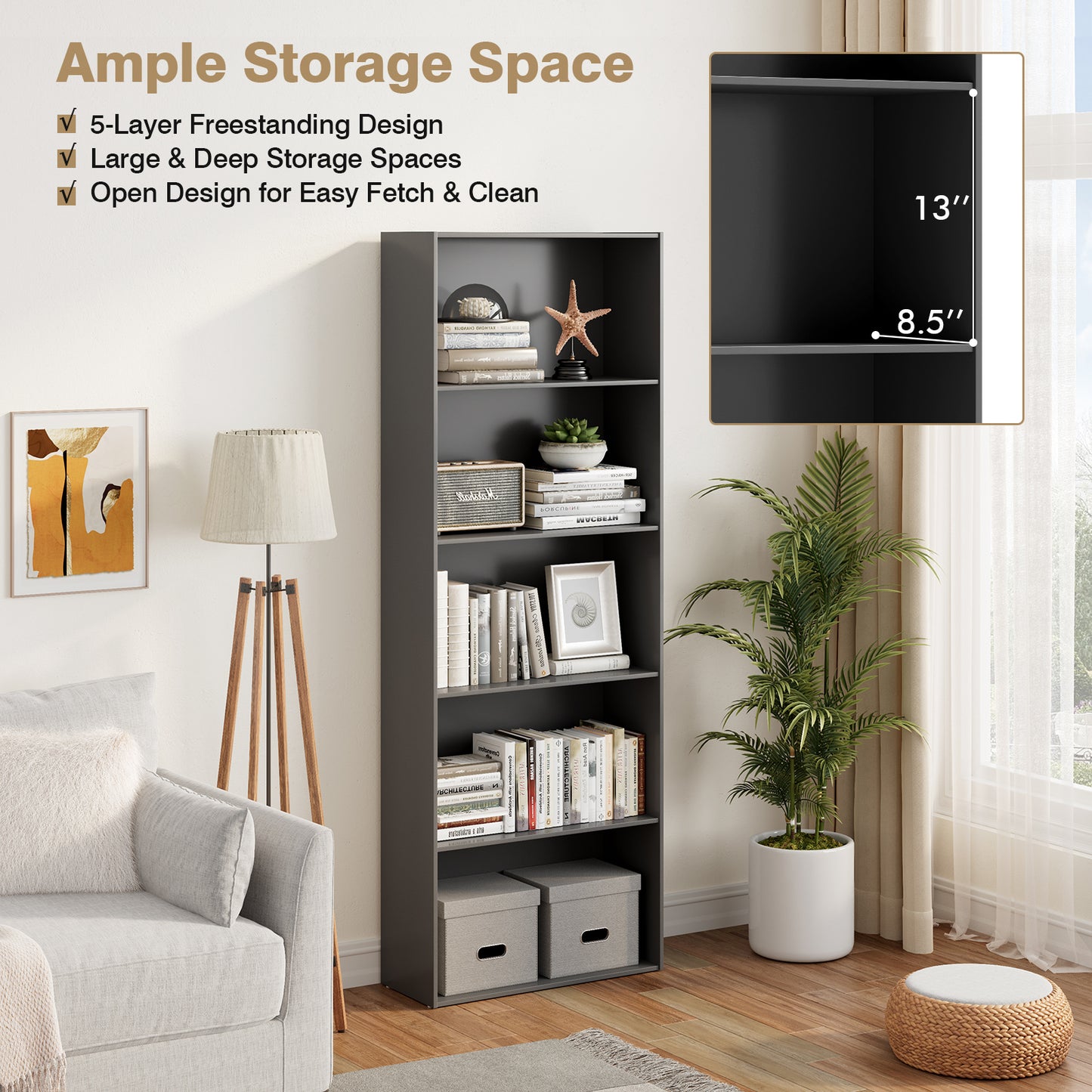 5-Shelf Storage Bookcase Modern Multi-Functional Display Cabinet Furniture-Black Kids Crystal