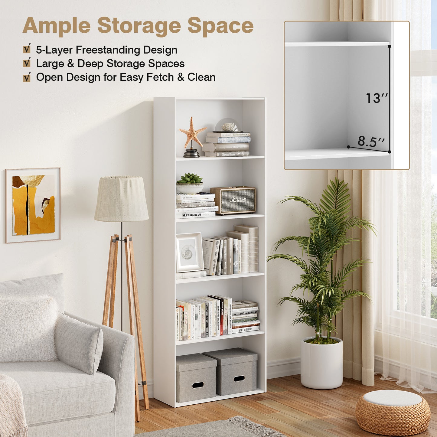 5-Shelf Storage Bookcase Modern Multi-Functional Display Cabinet-White Kids Crystal
