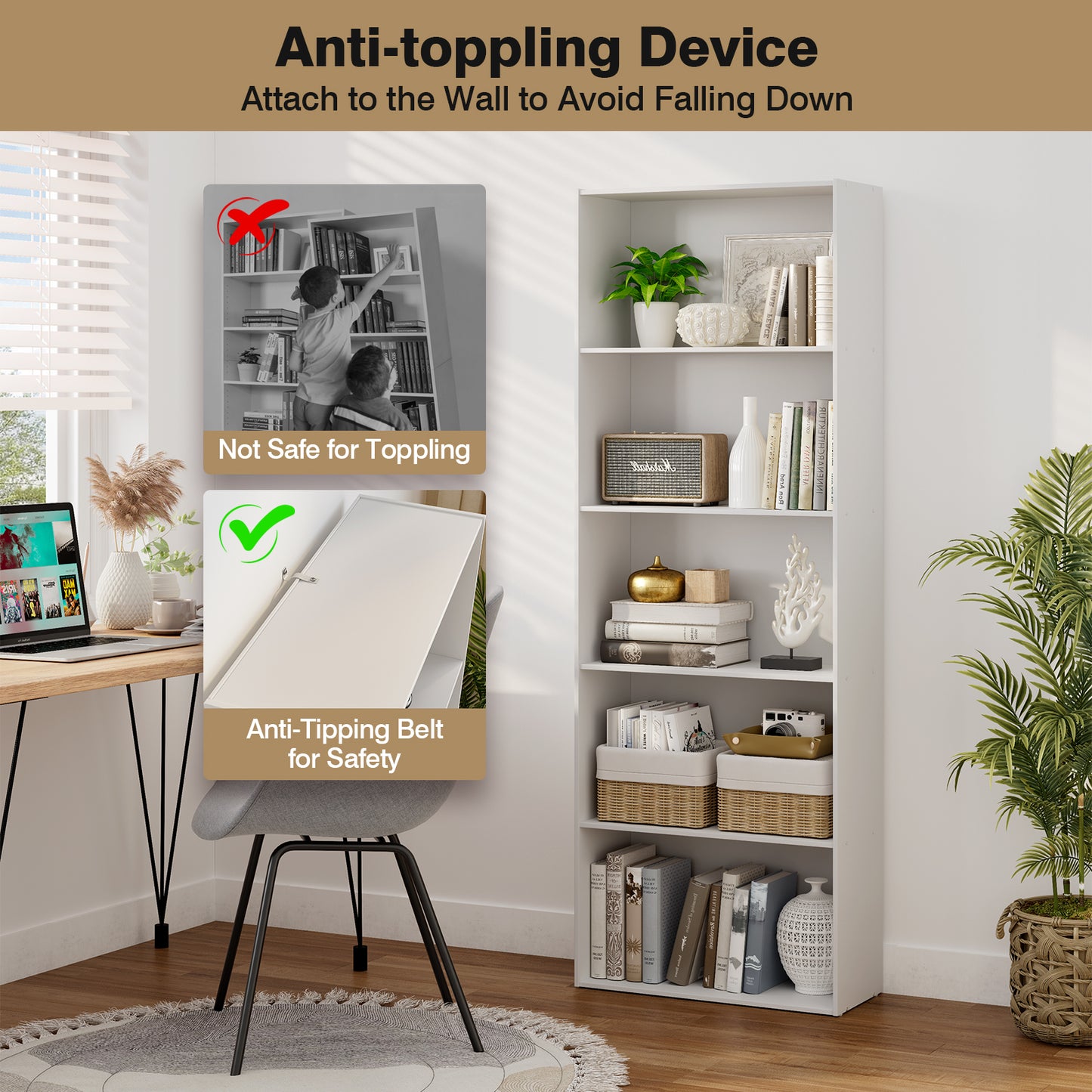 5-Shelf Storage Bookcase Modern Multi-Functional Display Cabinet-White Kids Crystal