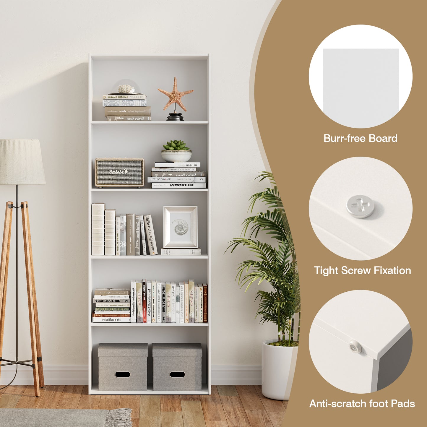 5-Shelf Storage Bookcase Modern Multi-Functional Display Cabinet-White Kids Crystal