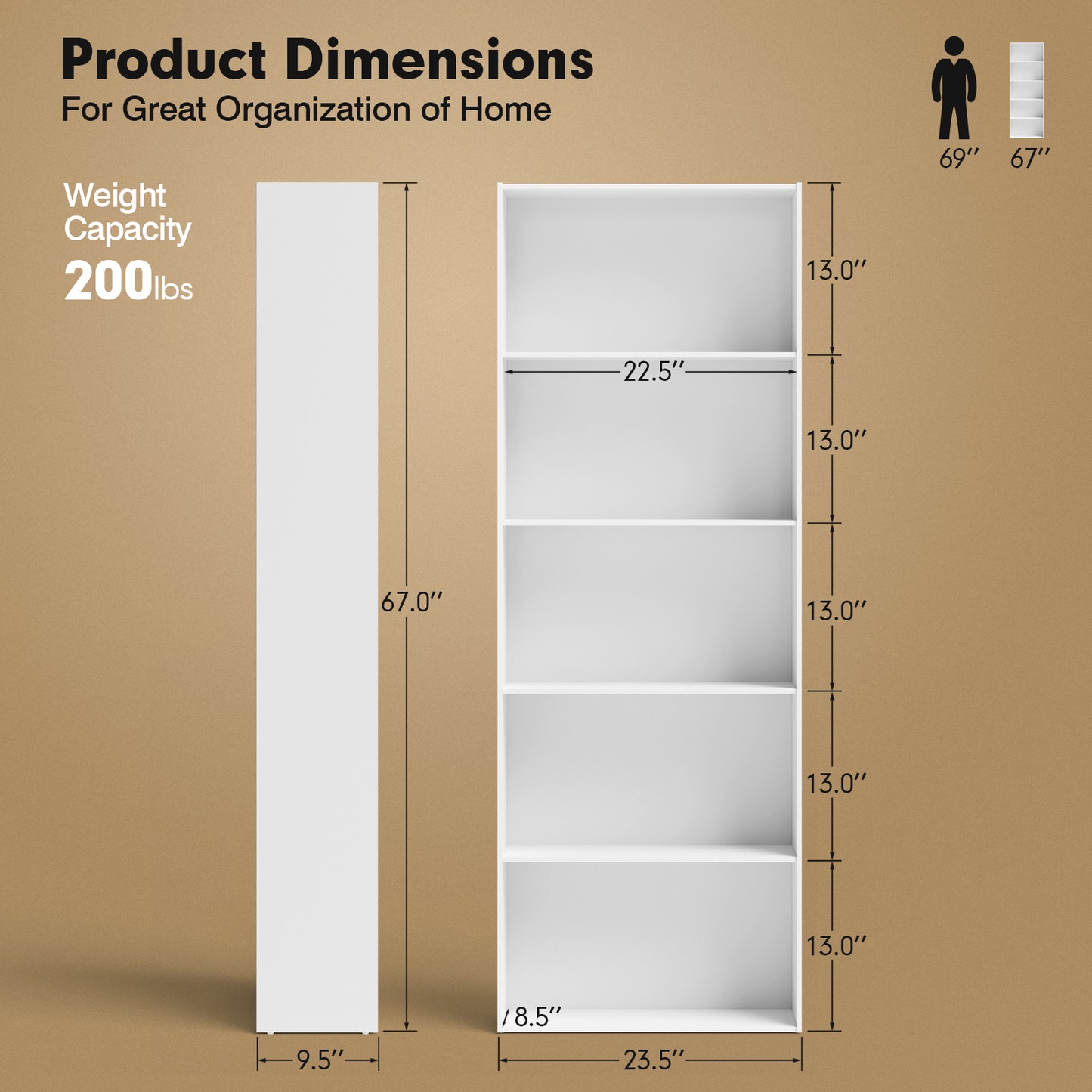 5-Shelf Storage Bookcase Modern Multi-Functional Display Cabinet-White Kids Crystal