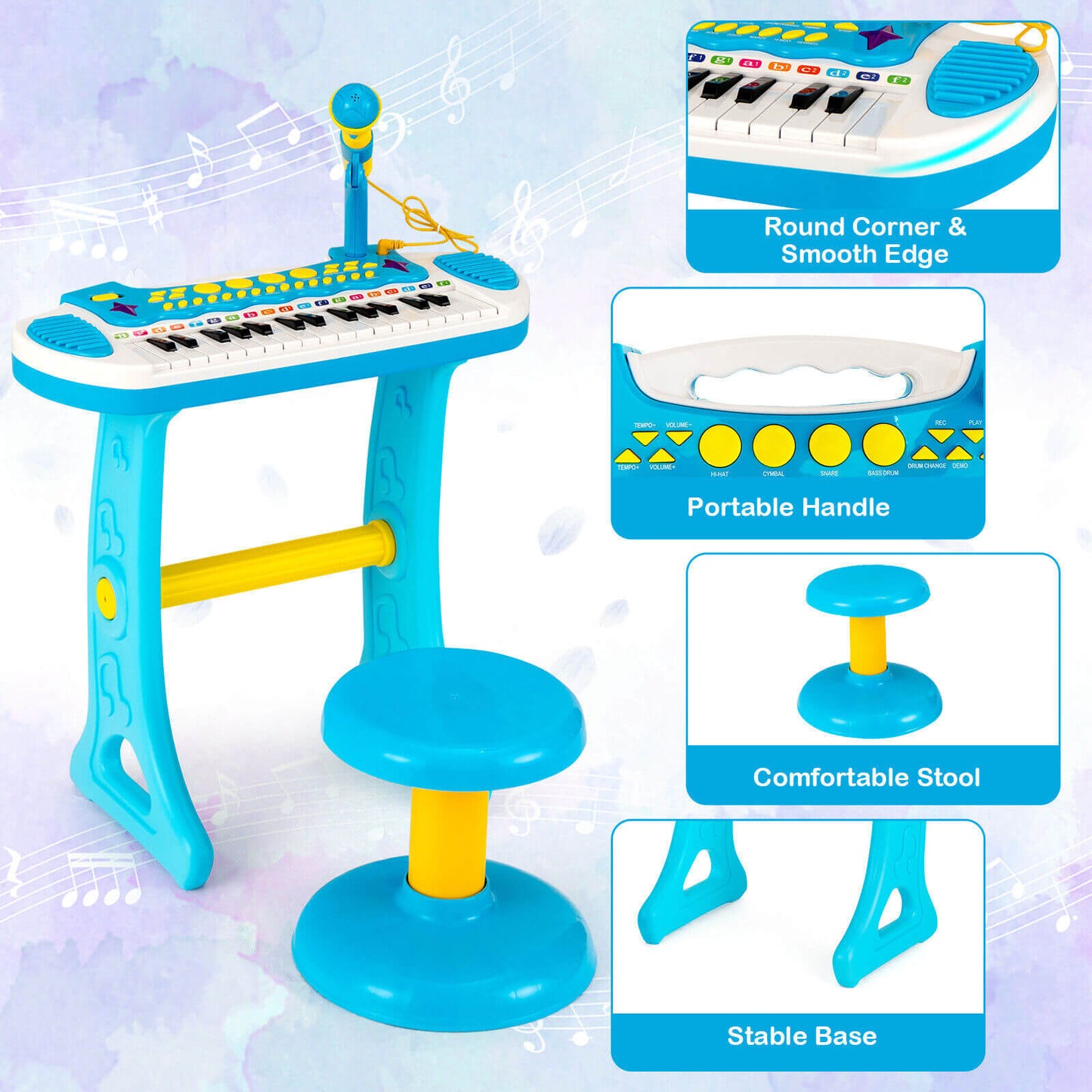 31-Key Kids Piano Keyboard Toy with Microphone and Multiple Sounds for Age 3+-Blue Kids Crystal