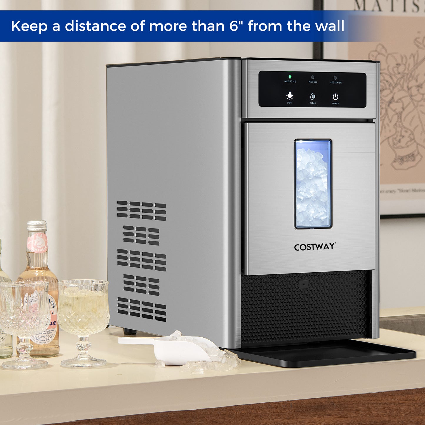 Countertop Nugget Ice Maker with Ice Scoop and Water Tray Kids Crystal