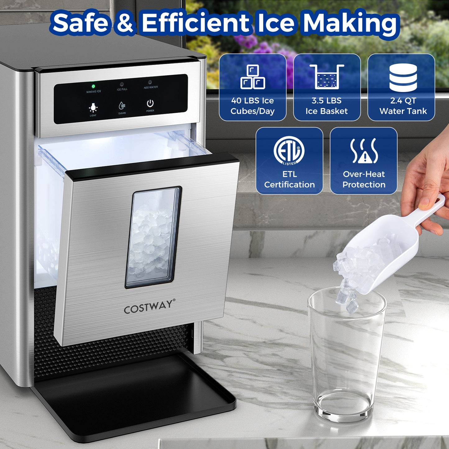 Countertop Nugget Ice Maker with Ice Scoop and Water Tray Kids Crystal