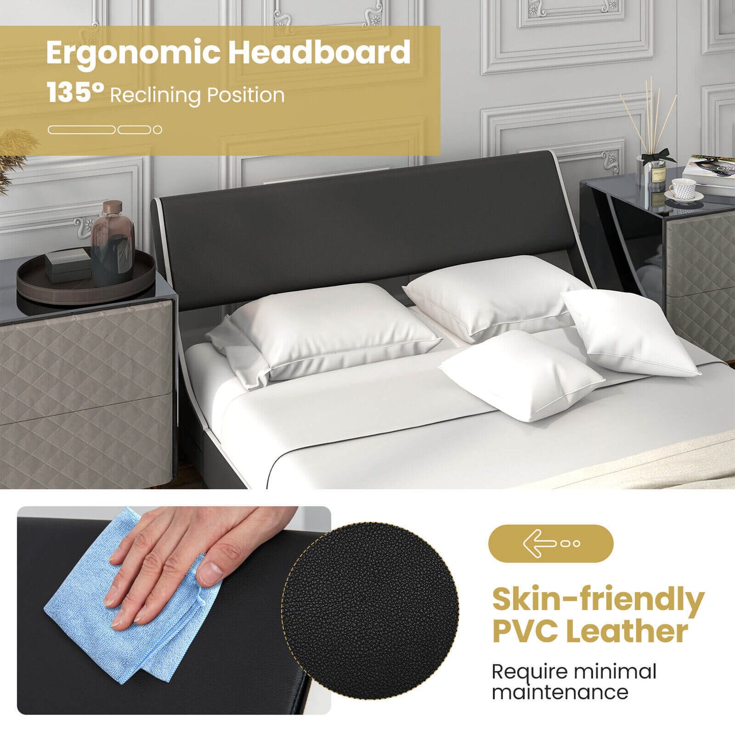 Upholstered Platform Bed Frame Low Profile Faux Leather with Curved Headboard-Full Size Kids Crystal