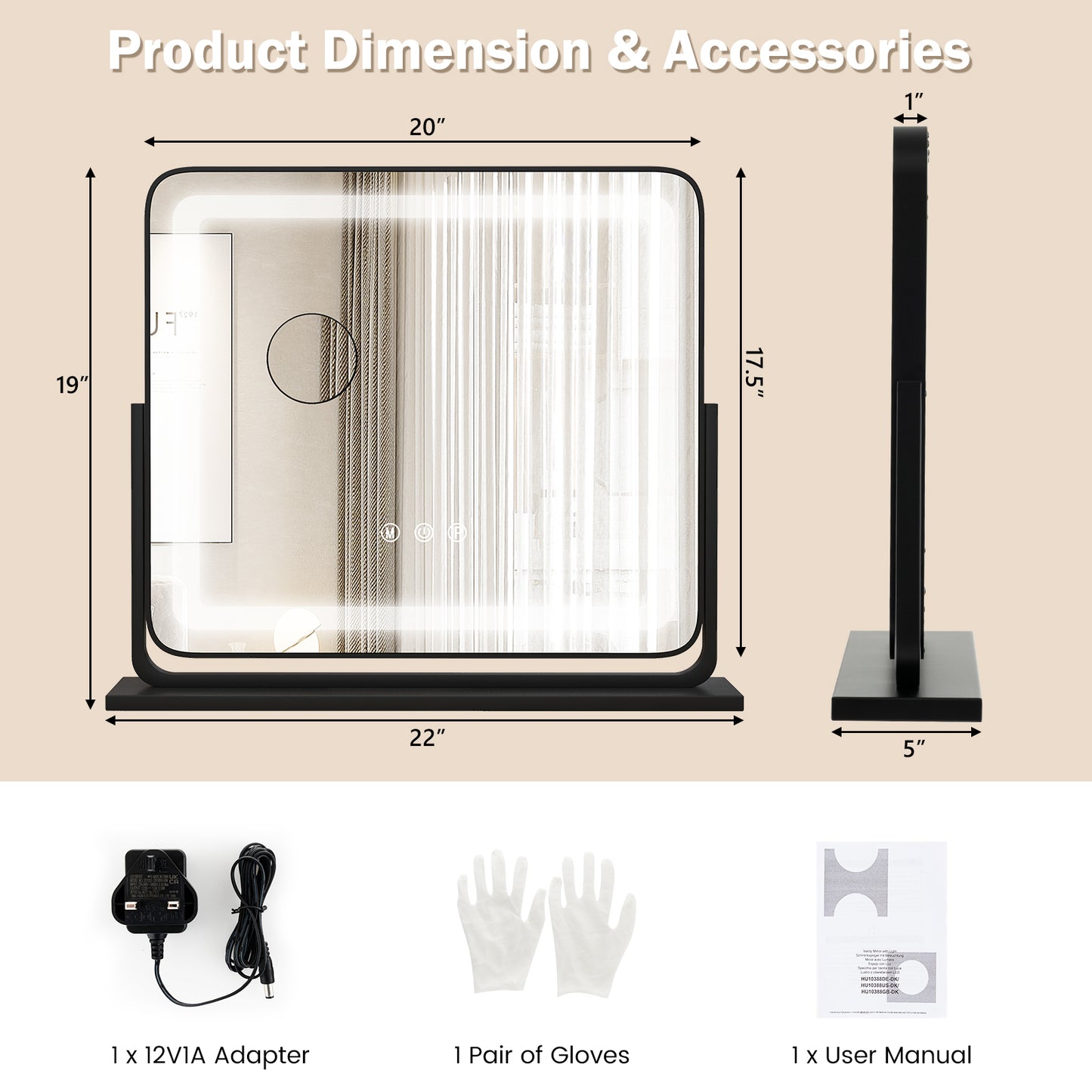 360° Rotatable Vanity Makeup Mirror with 3 Color Lighting Modes and Touch Control-Black Kids Crystal