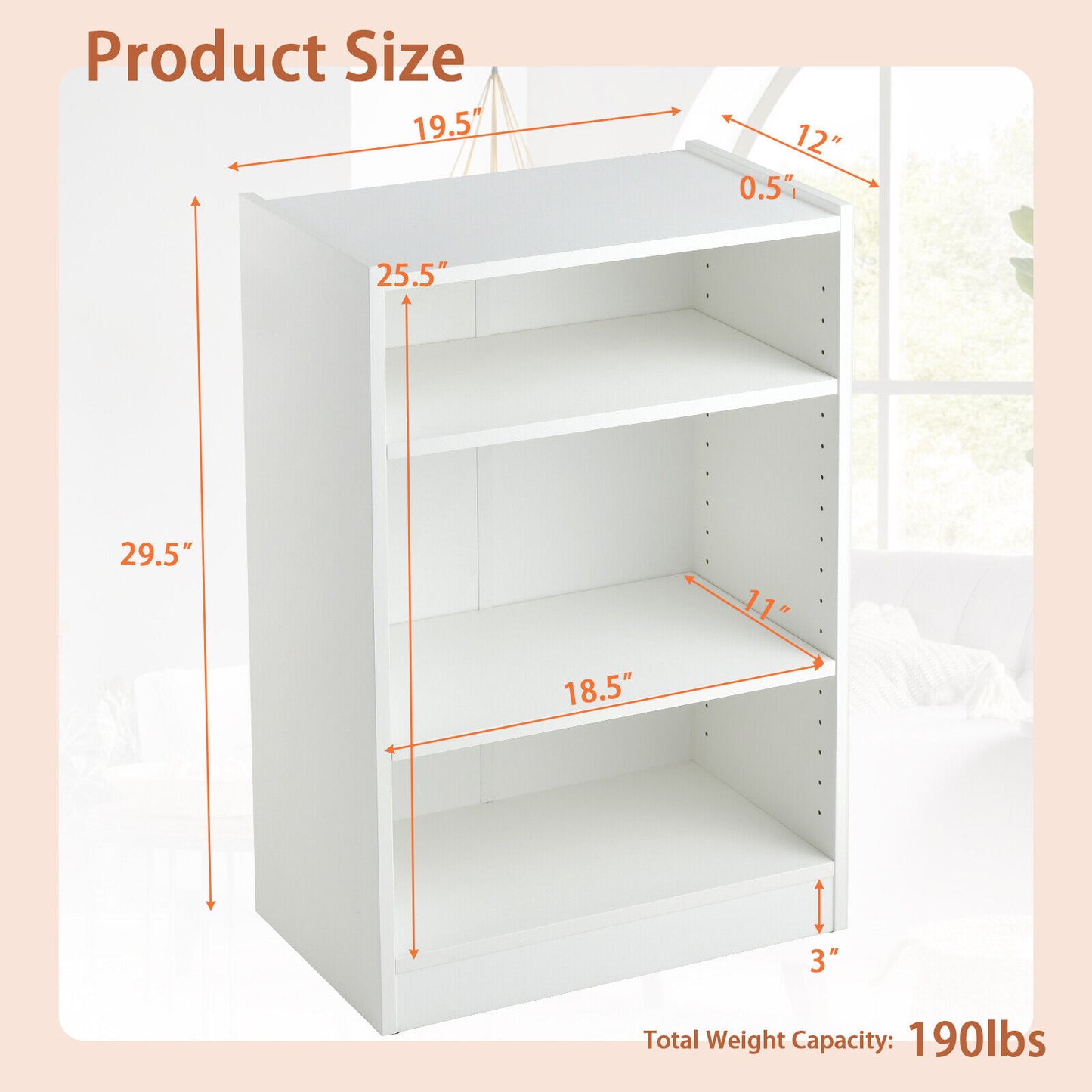 3-Tier Bookcase Open Display Rack Cabinet with Adjustable Shelves-White Kids Crystal