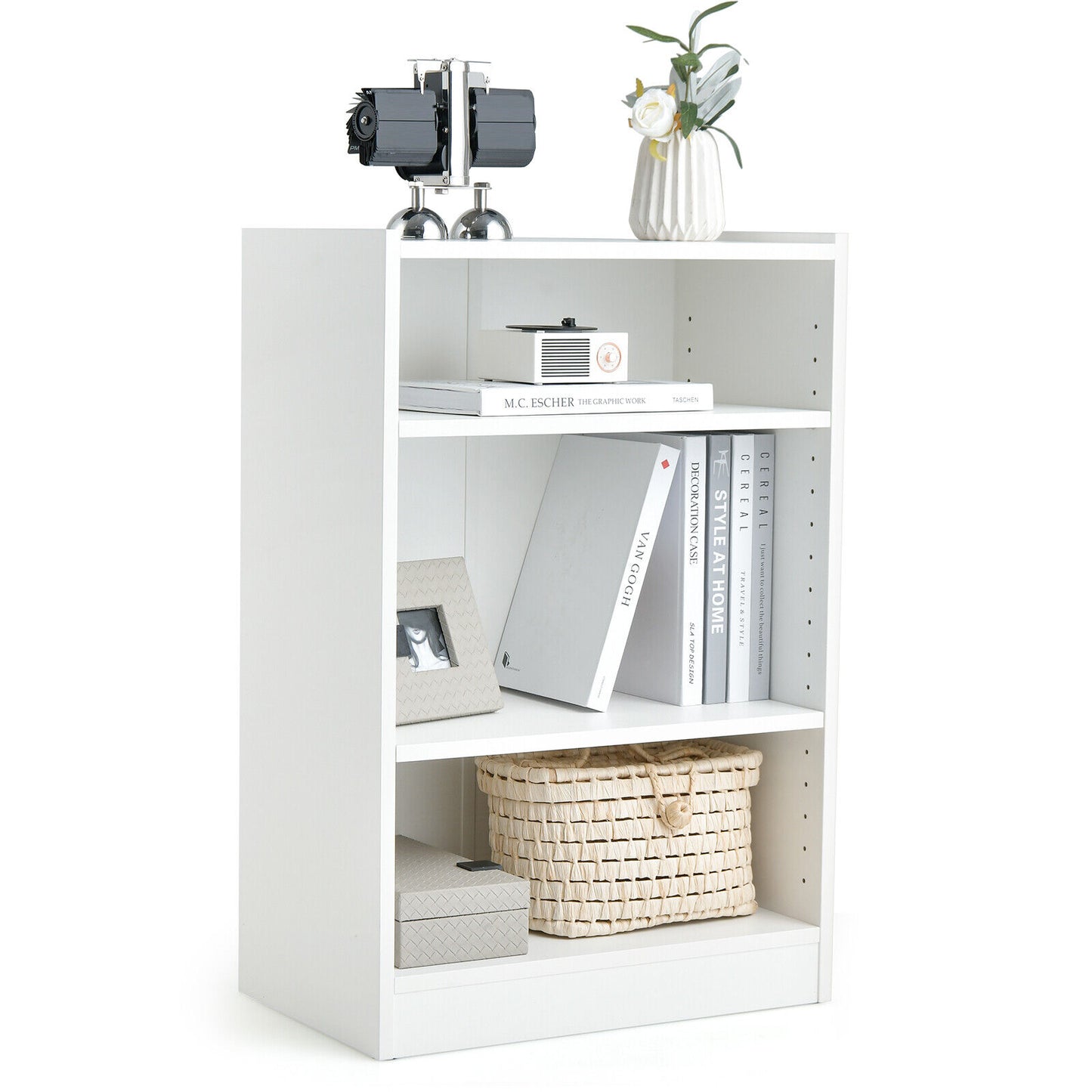 3-Tier Bookcase Open Display Rack Cabinet with Adjustable Shelves-White Kids Crystal