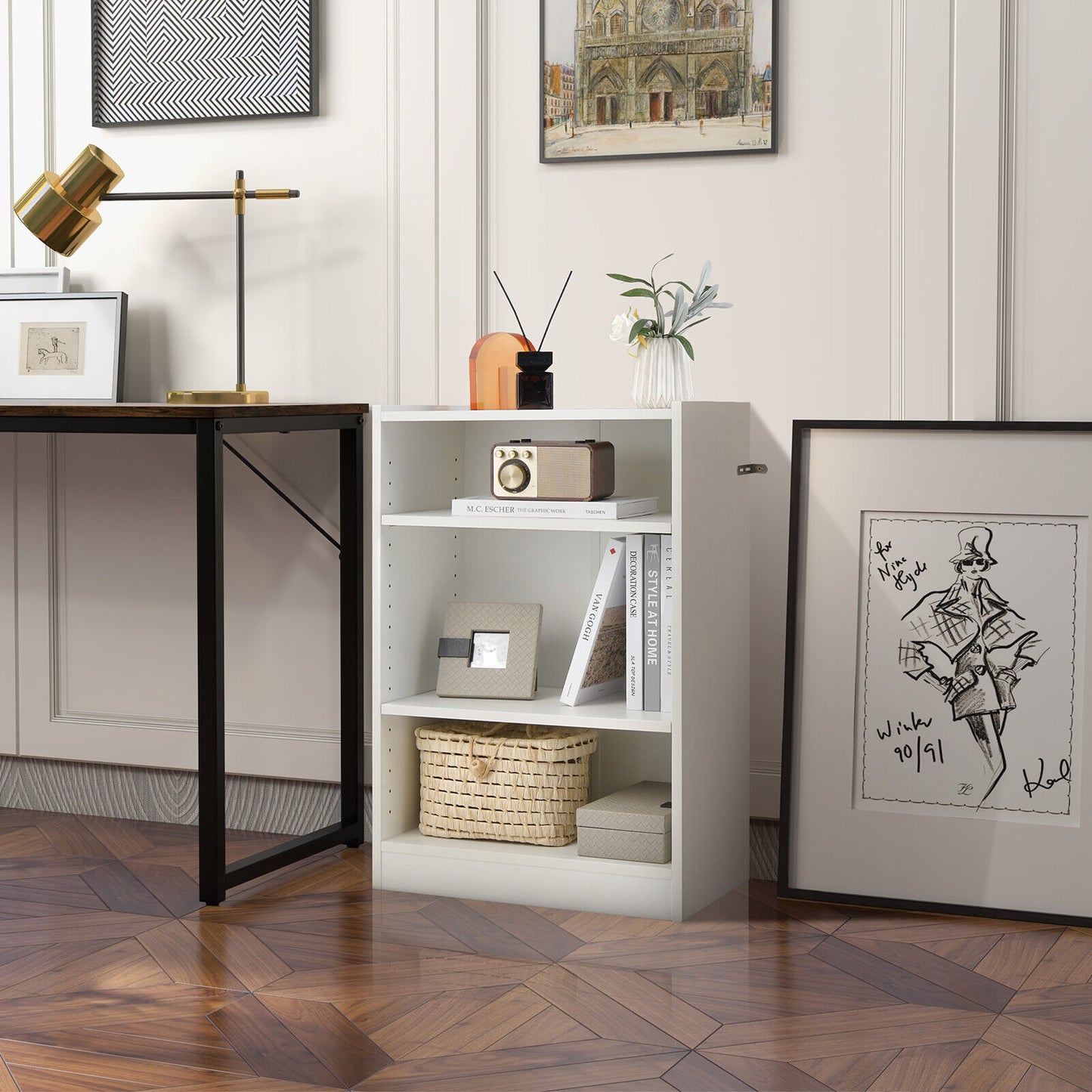 3-Tier Bookcase Open Display Rack Cabinet with Adjustable Shelves-White Kids Crystal