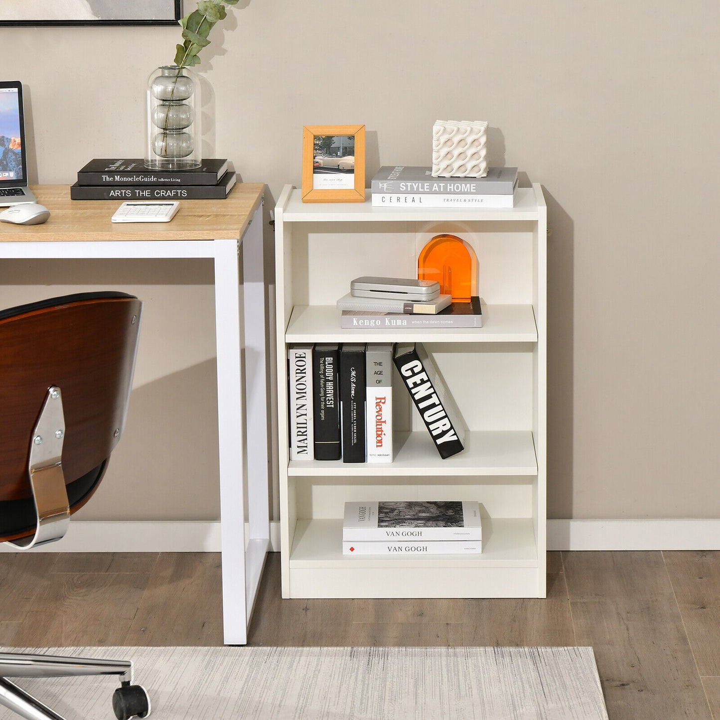 3-Tier Bookcase Open Display Rack Cabinet with Adjustable Shelves-White Kids Crystal