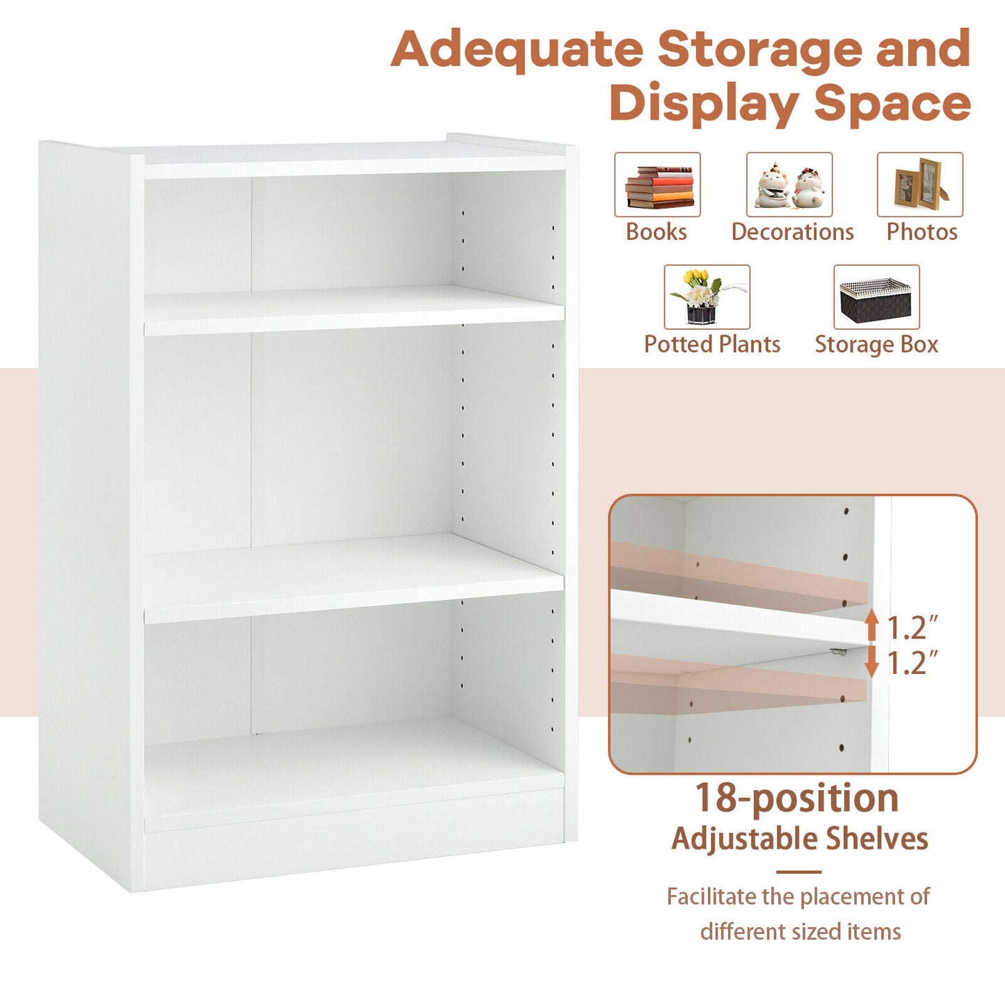 3-Tier Bookcase Open Display Rack Cabinet with Adjustable Shelves-White Kids Crystal