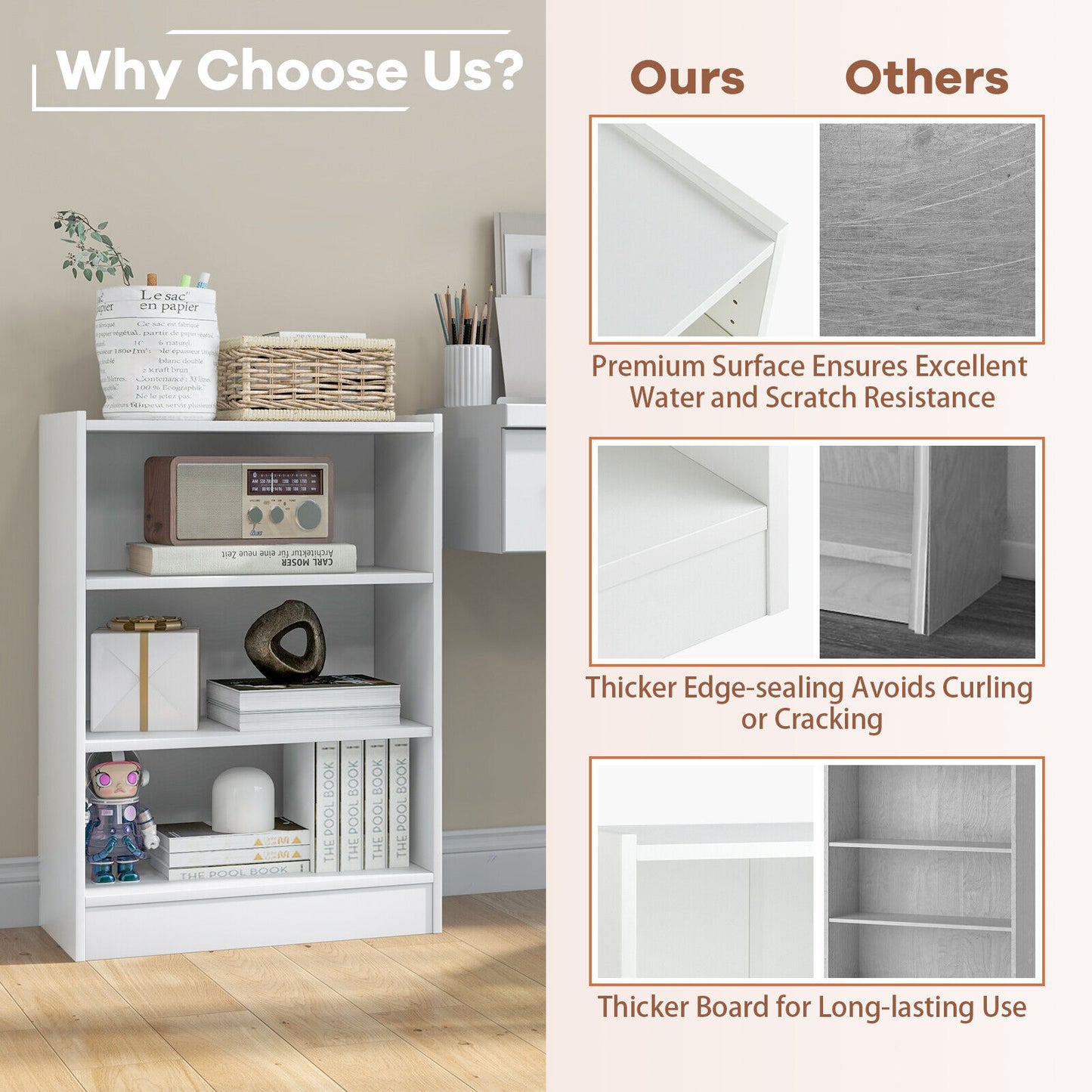 3-Tier Bookcase Open Display Rack Cabinet with Adjustable Shelves-White Kids Crystal