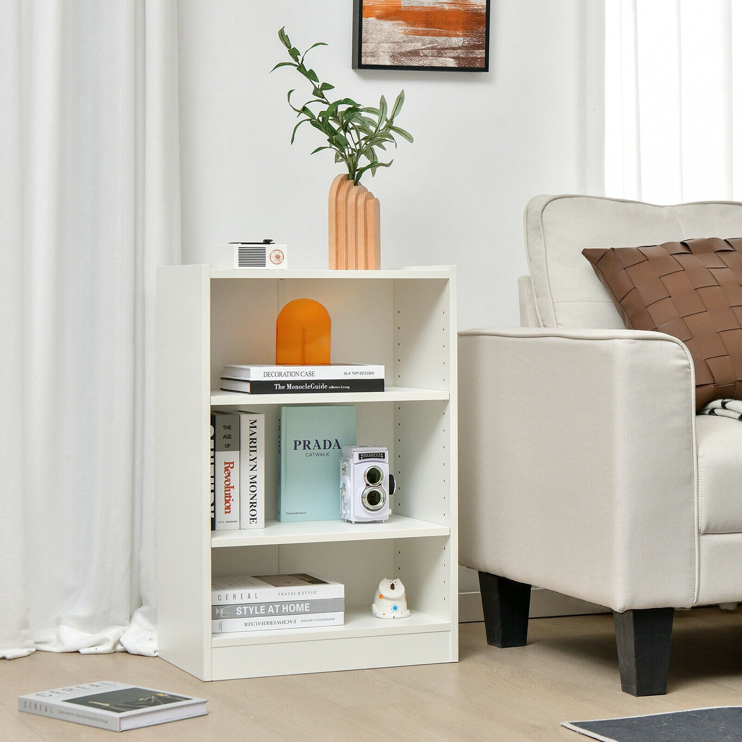 3-Tier Bookcase Open Display Rack Cabinet with Adjustable Shelves-White Kids Crystal