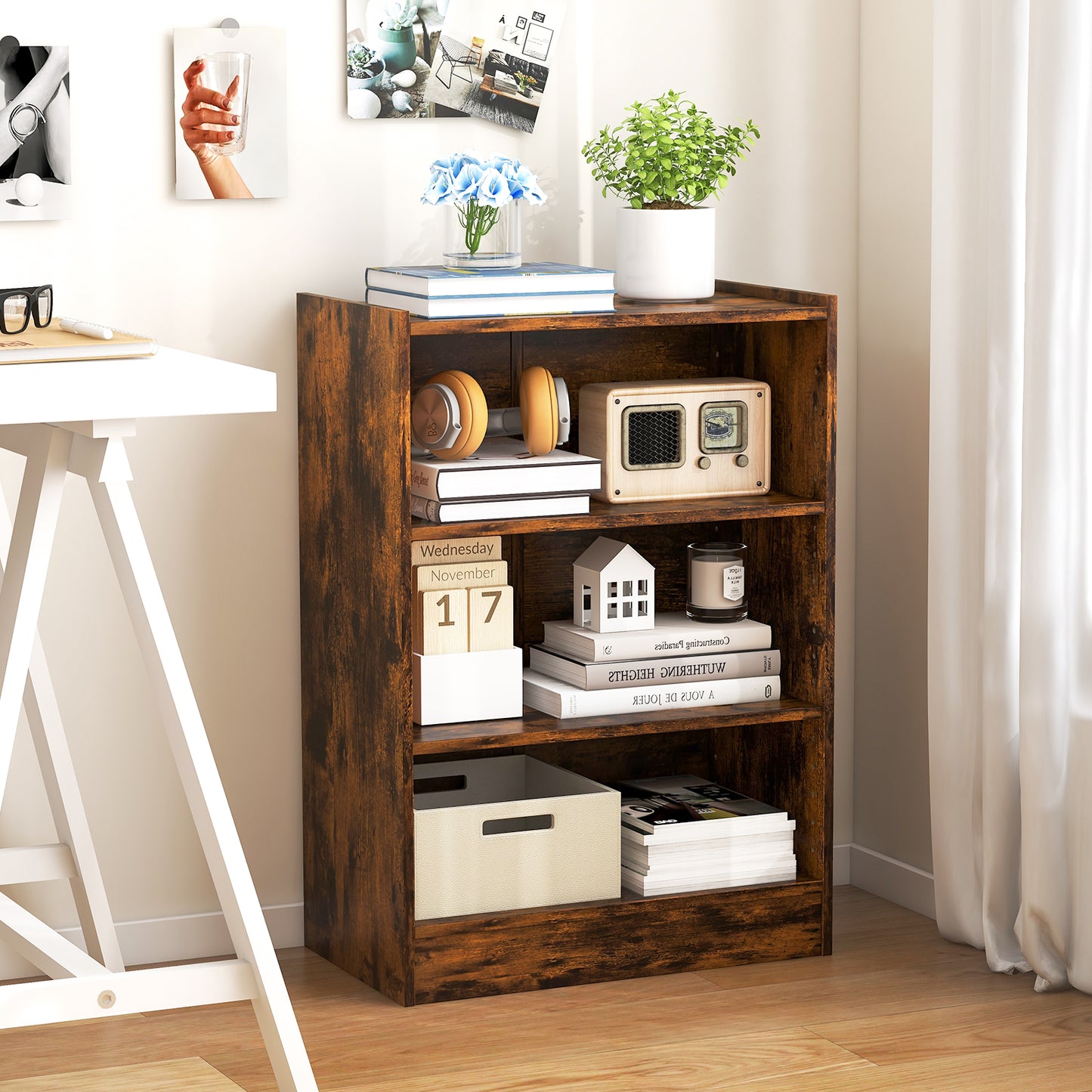 3-Tier Bookcase Open Display Rack Cabinet with Adjustable Shelves-Rustic Brown Kids Crystal
