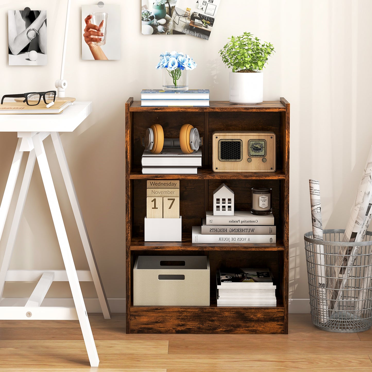 3-Tier Bookcase Open Display Rack Cabinet with Adjustable Shelves-Rustic Brown Kids Crystal