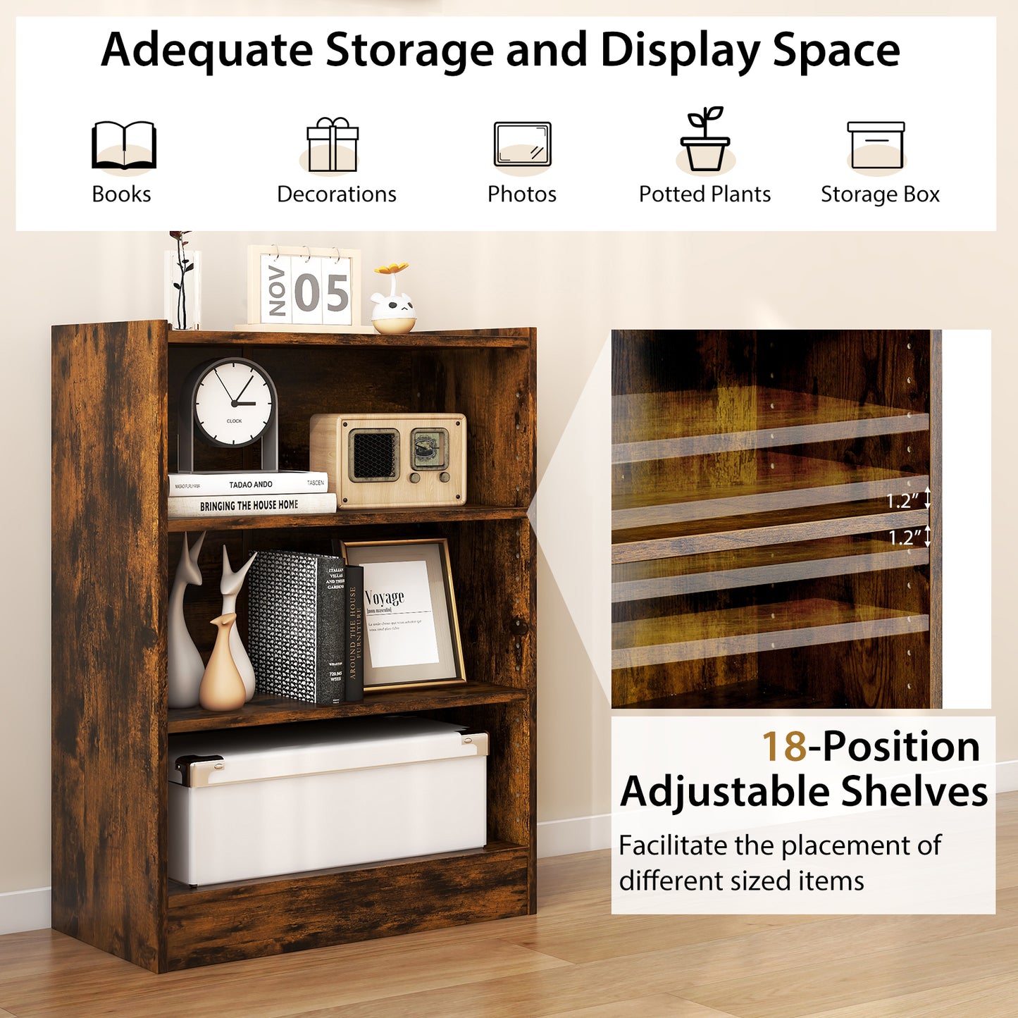 3-Tier Bookcase Open Display Rack Cabinet with Adjustable Shelves-Rustic Brown Kids Crystal