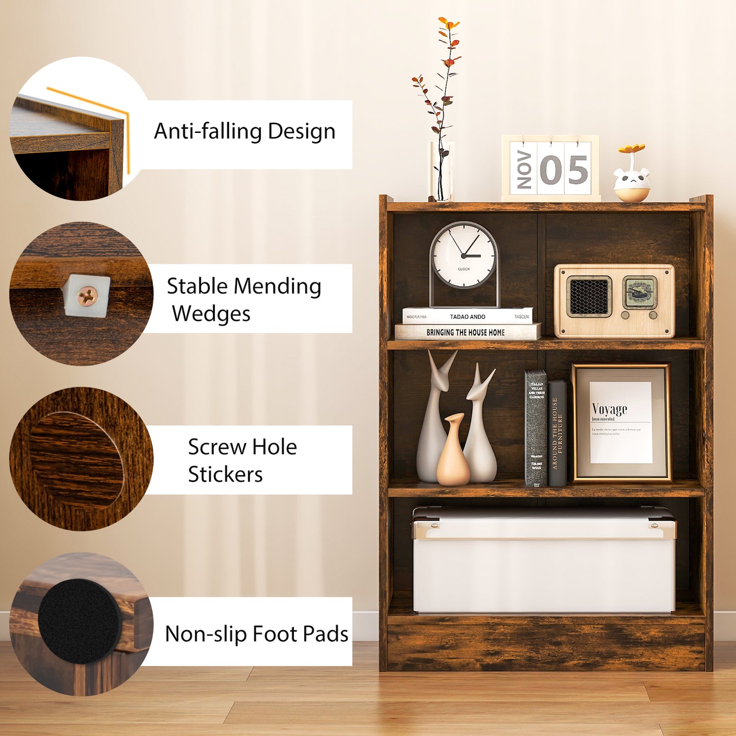 3-Tier Bookcase Open Display Rack Cabinet with Adjustable Shelves-Rustic Brown Kids Crystal