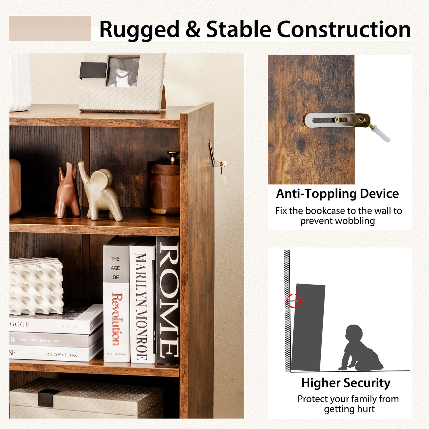 3-Tier Bookcase Open Display Rack Cabinet with Adjustable Shelves-Rustic Brown Kids Crystal