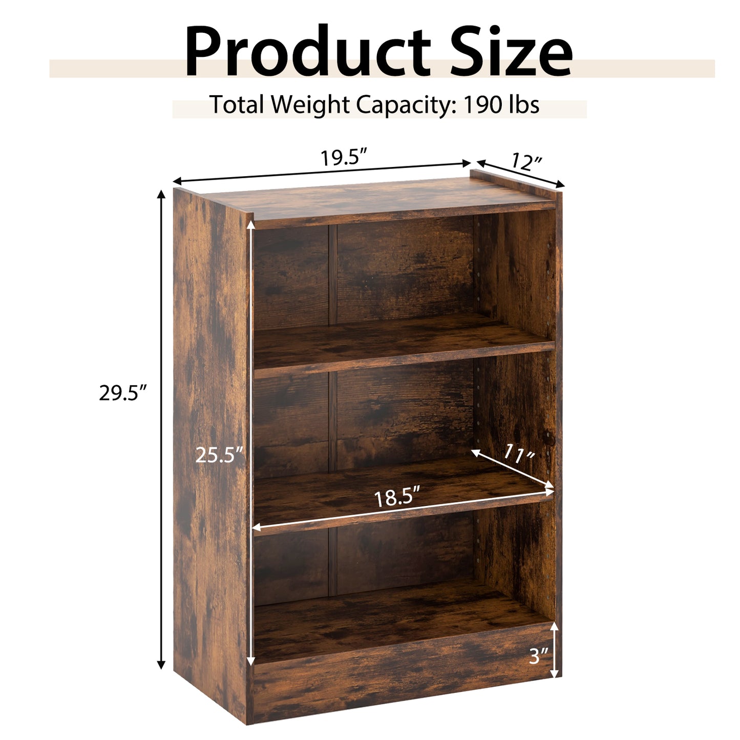 3-Tier Bookcase Open Display Rack Cabinet with Adjustable Shelves-Rustic Brown Kids Crystal