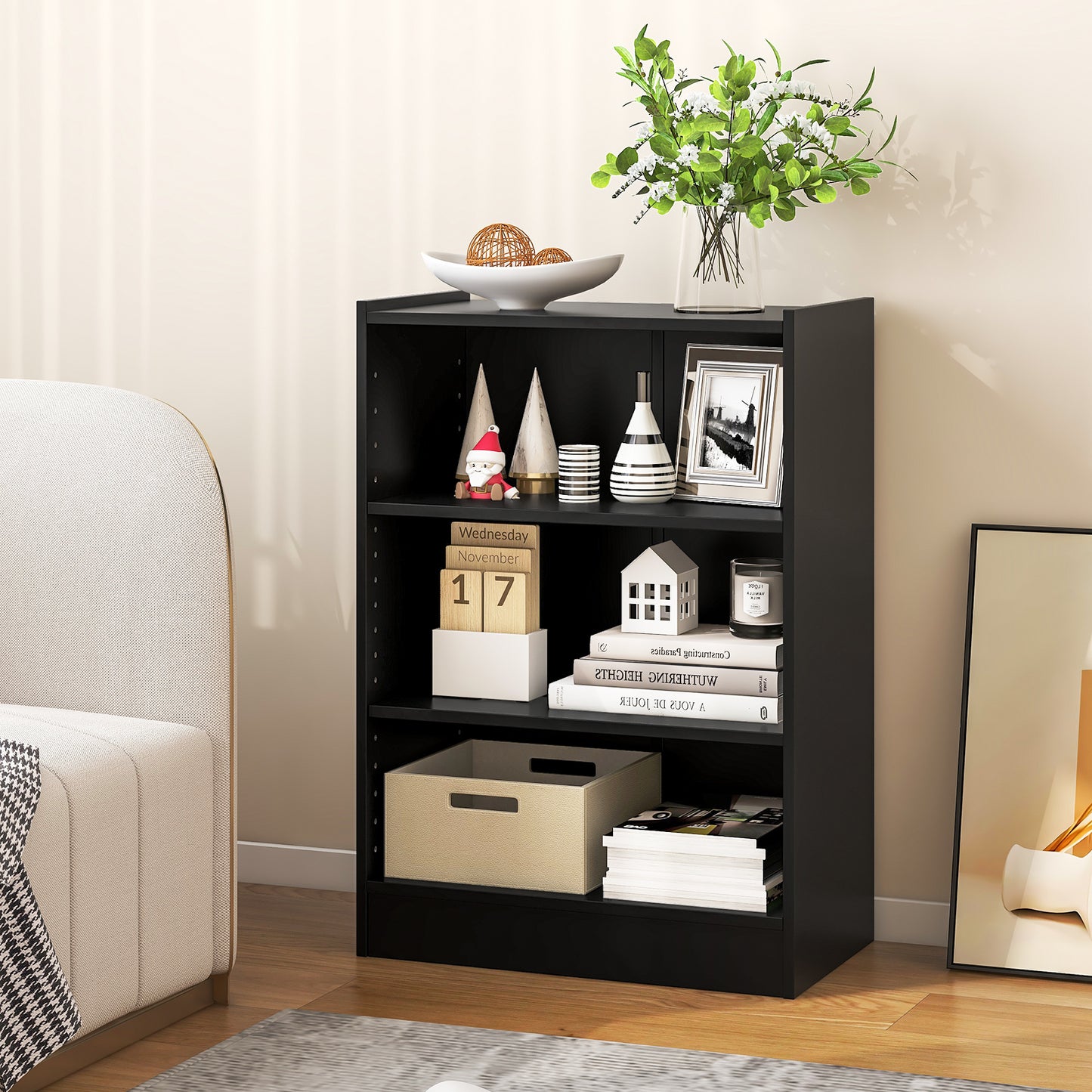3-Tier Bookcase Open Display Rack Cabinet with Adjustable Shelves-Black Kids Crystal
