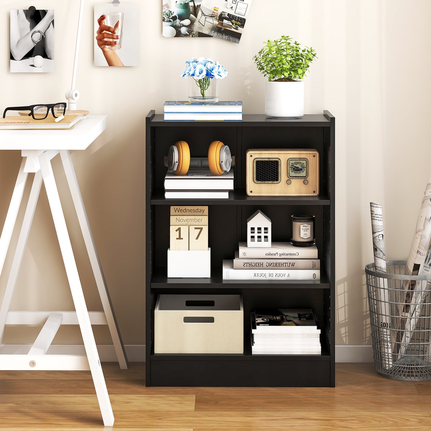 3-Tier Bookcase Open Display Rack Cabinet with Adjustable Shelves-Black Kids Crystal