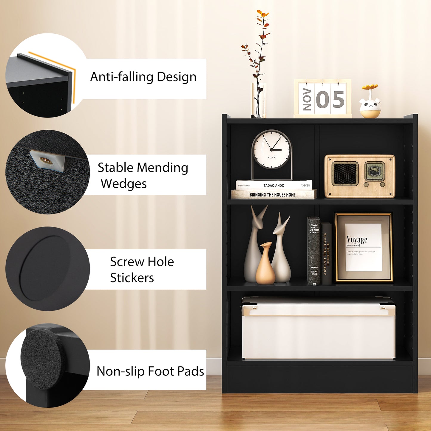 3-Tier Bookcase Open Display Rack Cabinet with Adjustable Shelves-Black Kids Crystal
