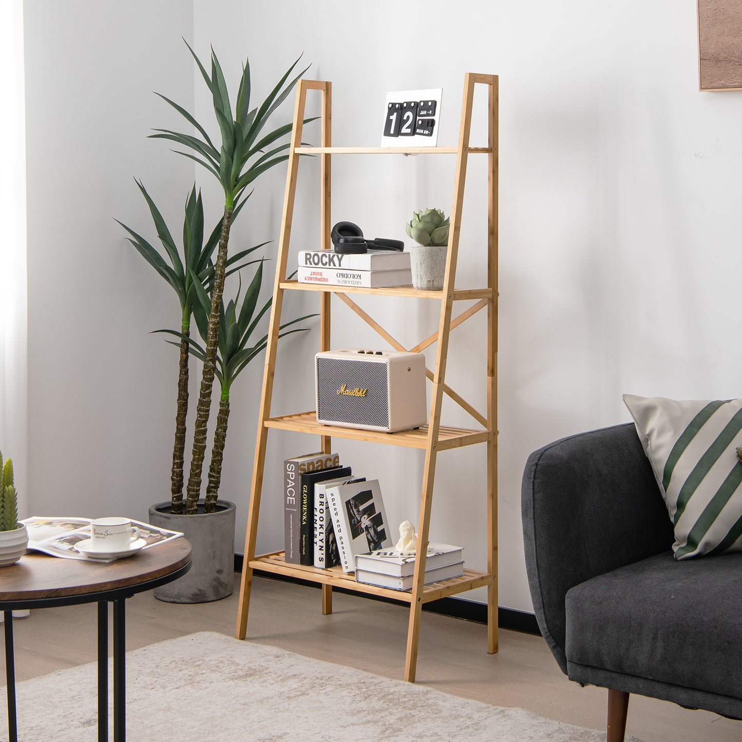 58 Inch 4-Tier Bamboo Ladder Bookshelf-Natural Kids Crystal