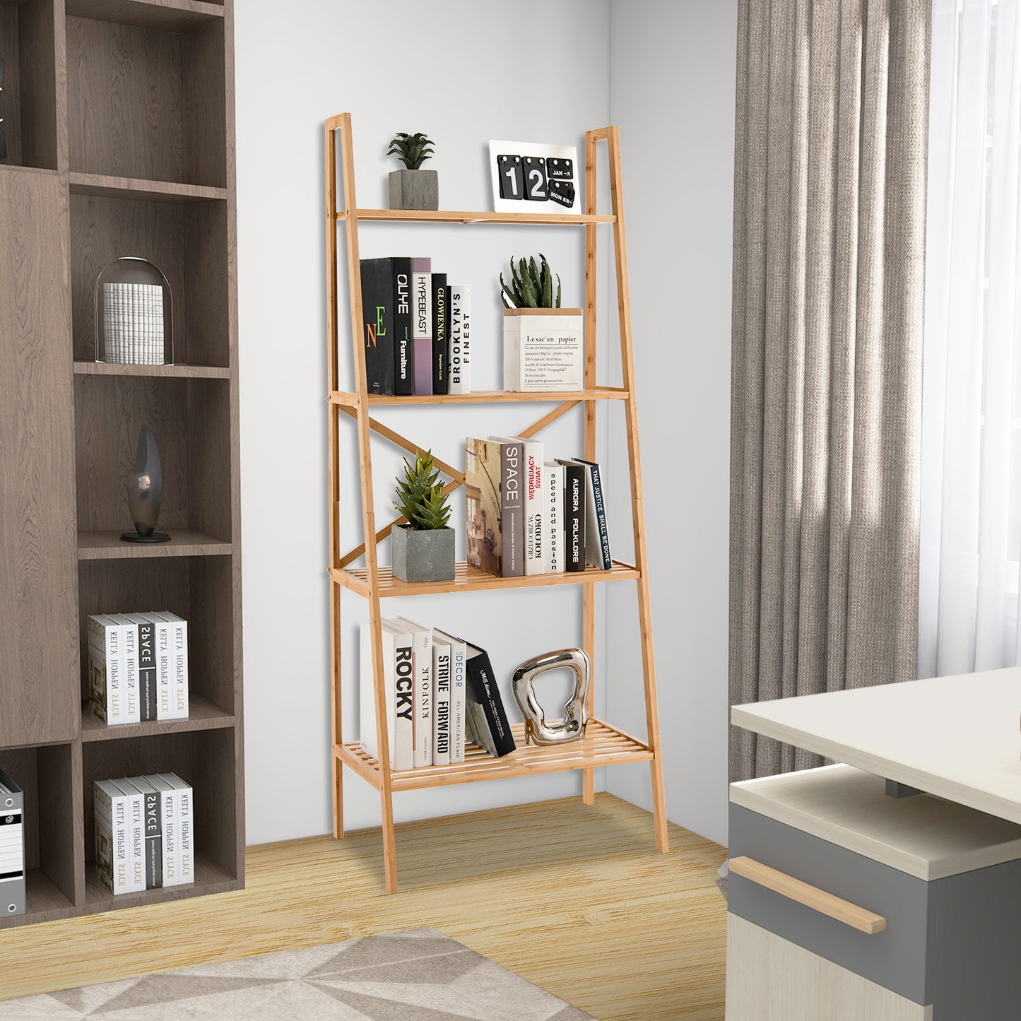 58 Inch 4-Tier Bamboo Ladder Bookshelf-Natural Kids Crystal