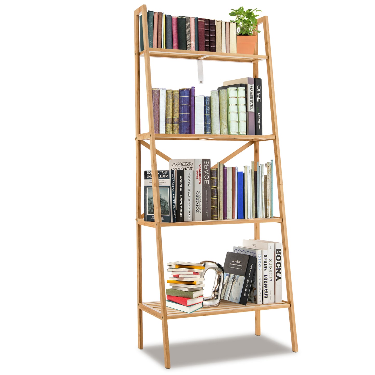 58 Inch 4-Tier Bamboo Ladder Bookshelf-Natural Kids Crystal