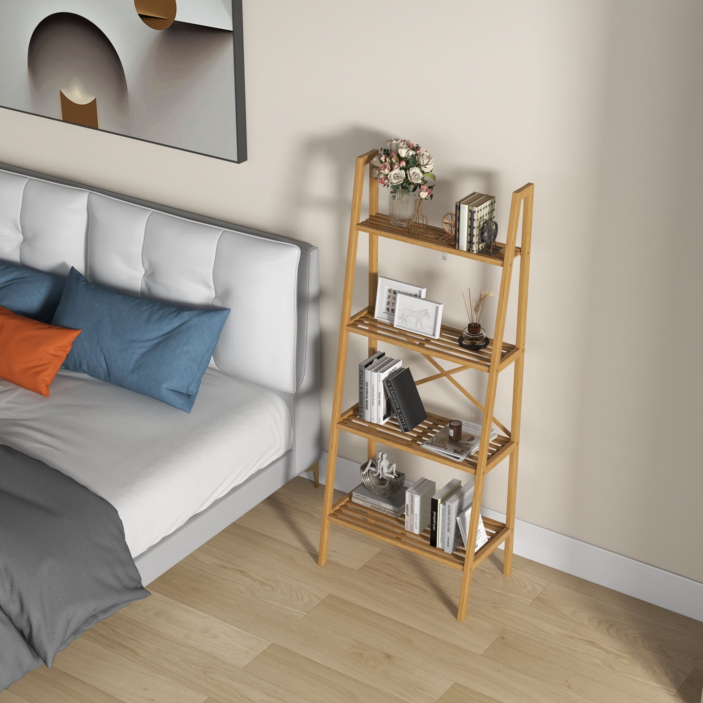 58 Inch 4-Tier Bamboo Ladder Bookshelf-Natural Kids Crystal