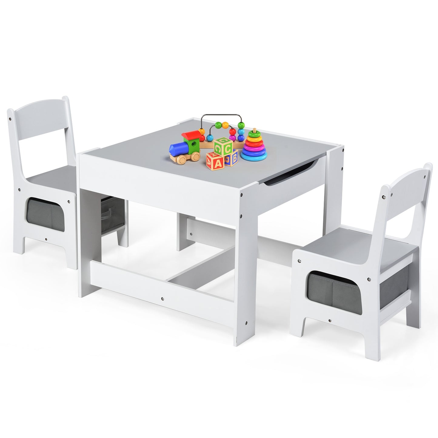 Kids Table Chairs Set With Storage Boxes Blackboard Whiteboard Drawing-White Kids Crystal