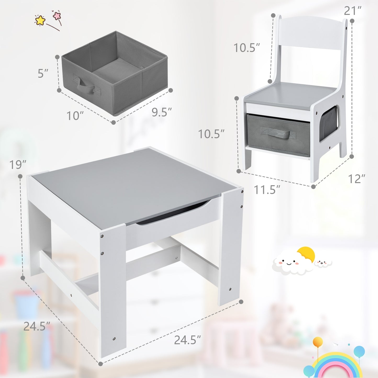 Kids Table Chairs Set With Storage Boxes Blackboard Whiteboard Drawing-White Kids Crystal