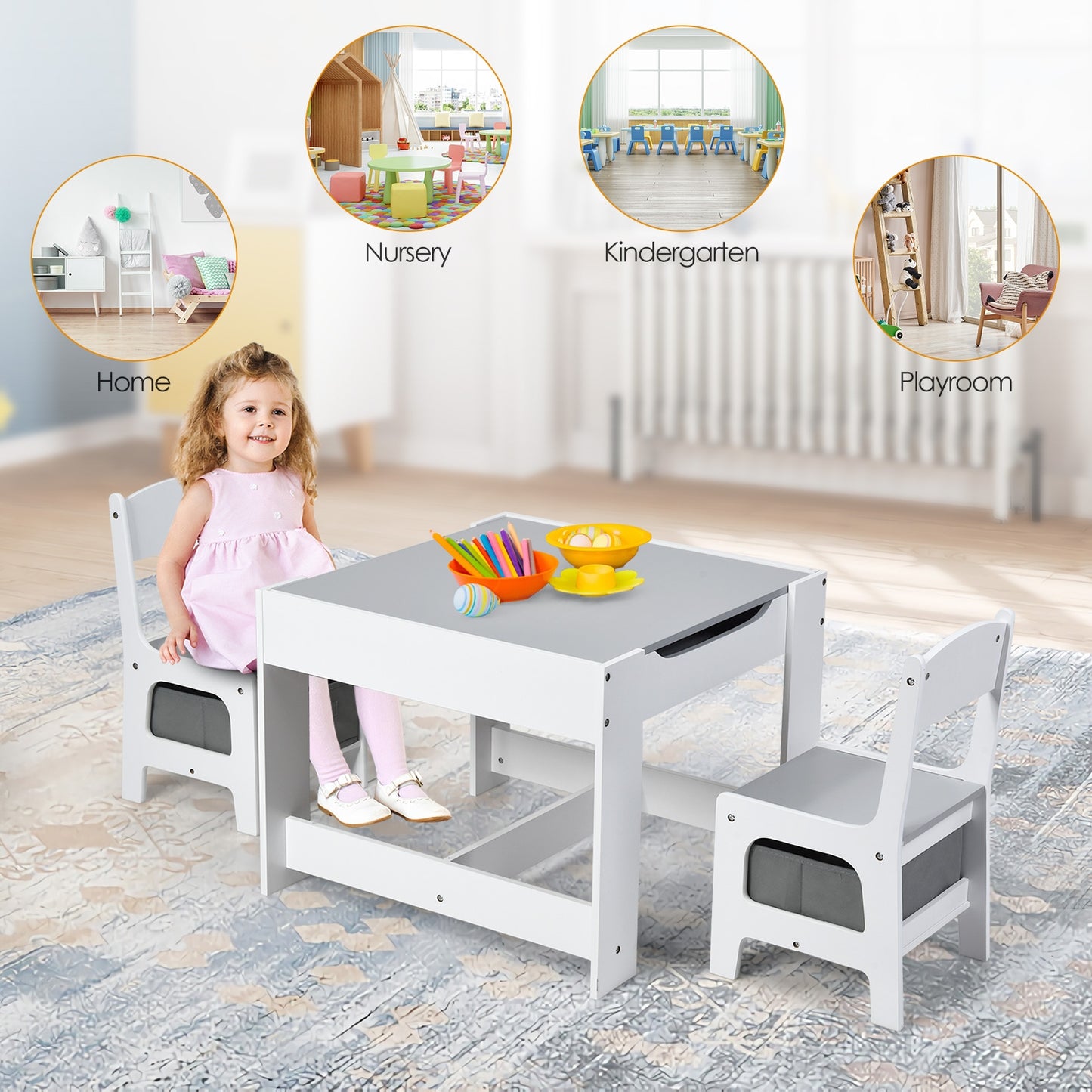 Kids Table Chairs Set With Storage Boxes Blackboard Whiteboard Drawing-White Kids Crystal