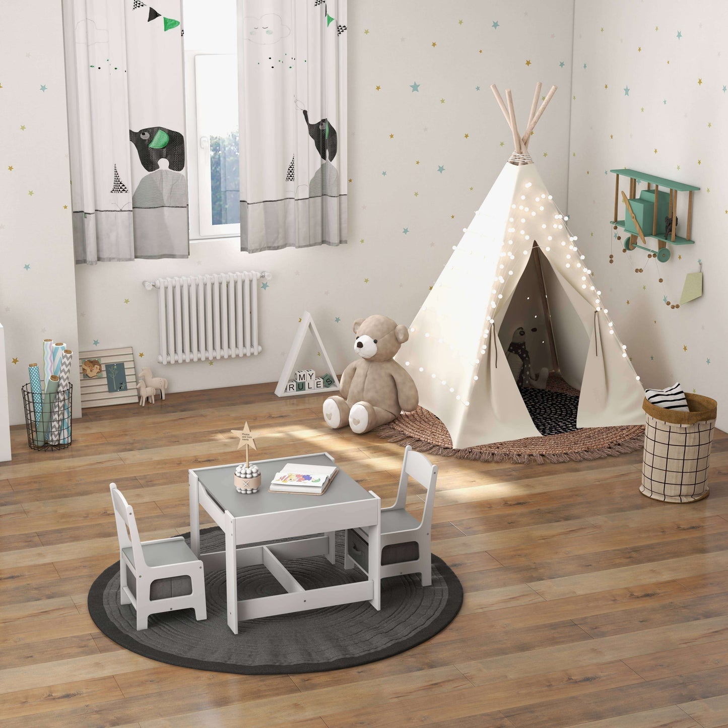Kids Table Chairs Set With Storage Boxes Blackboard Whiteboard Drawing-White Kids Crystal